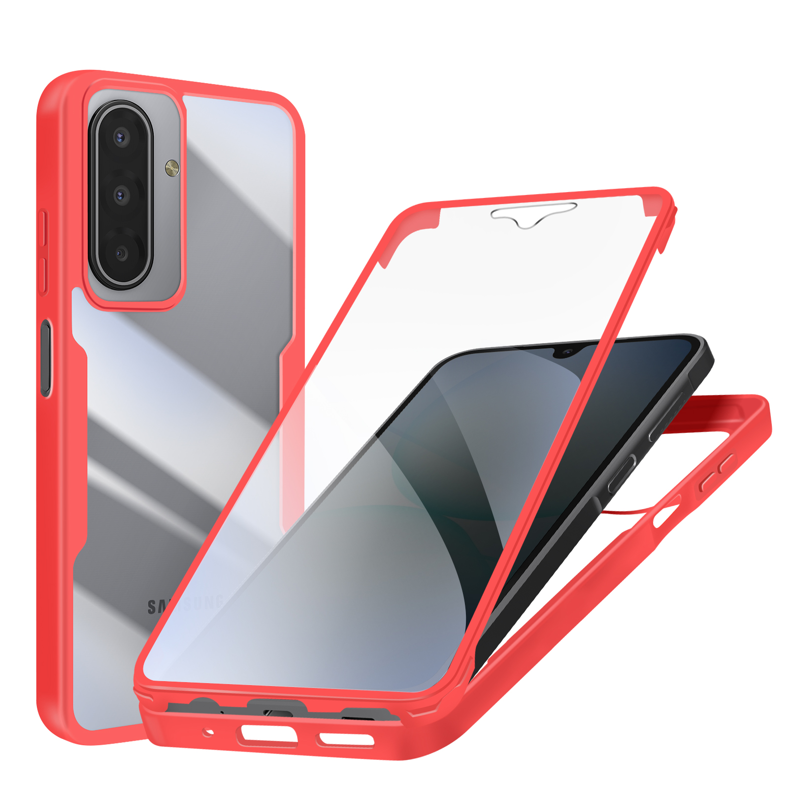 Rode telefoonhoes met doorzichtige achterkant en schermbeschermer, met een telefoon. De beschermer wordt verwijderd.