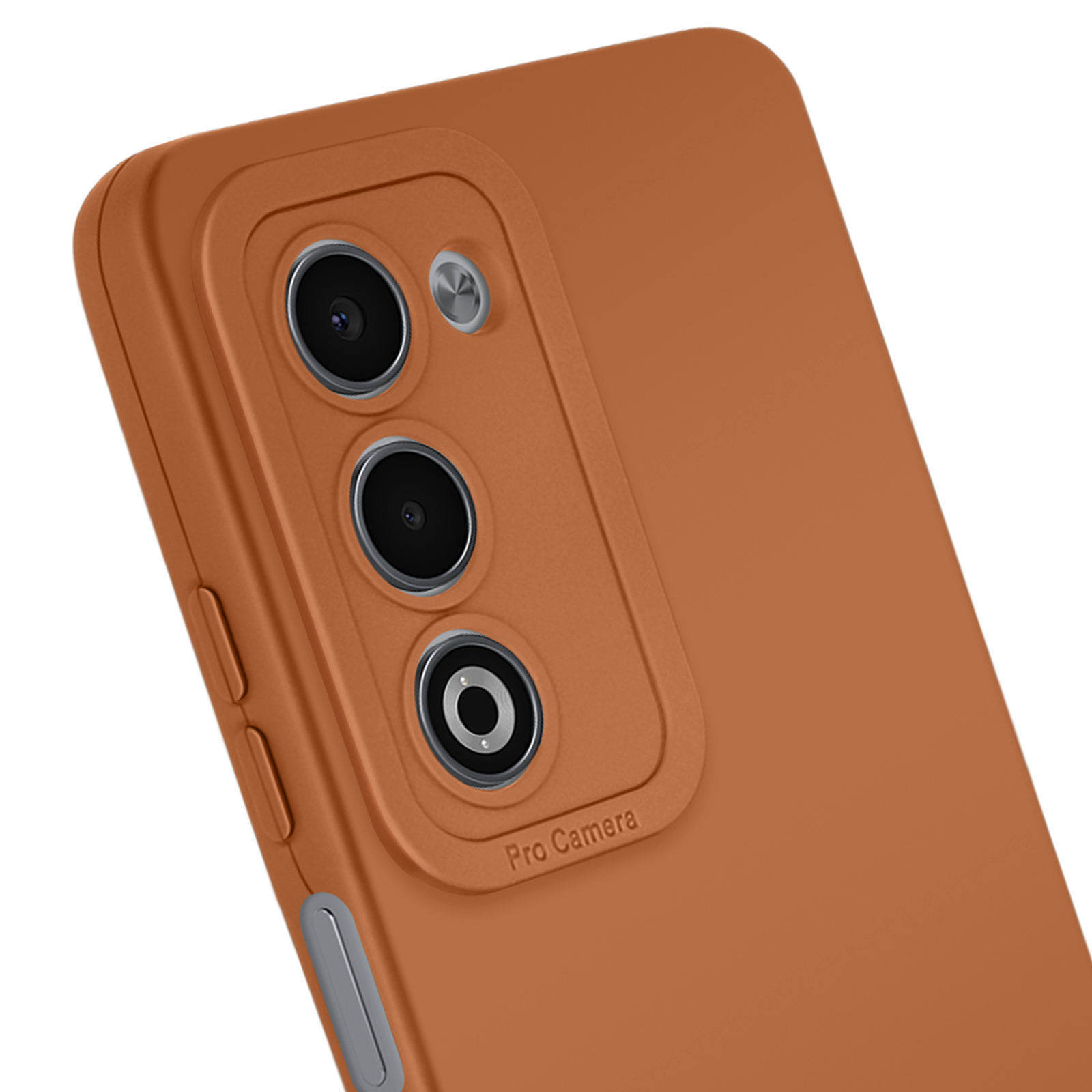 Gros plan d'une coque de téléphone avec trois lentilles d'appareil photo et un flash. L'étui est orange. Les mots "Pro Camera" sont visibles.
