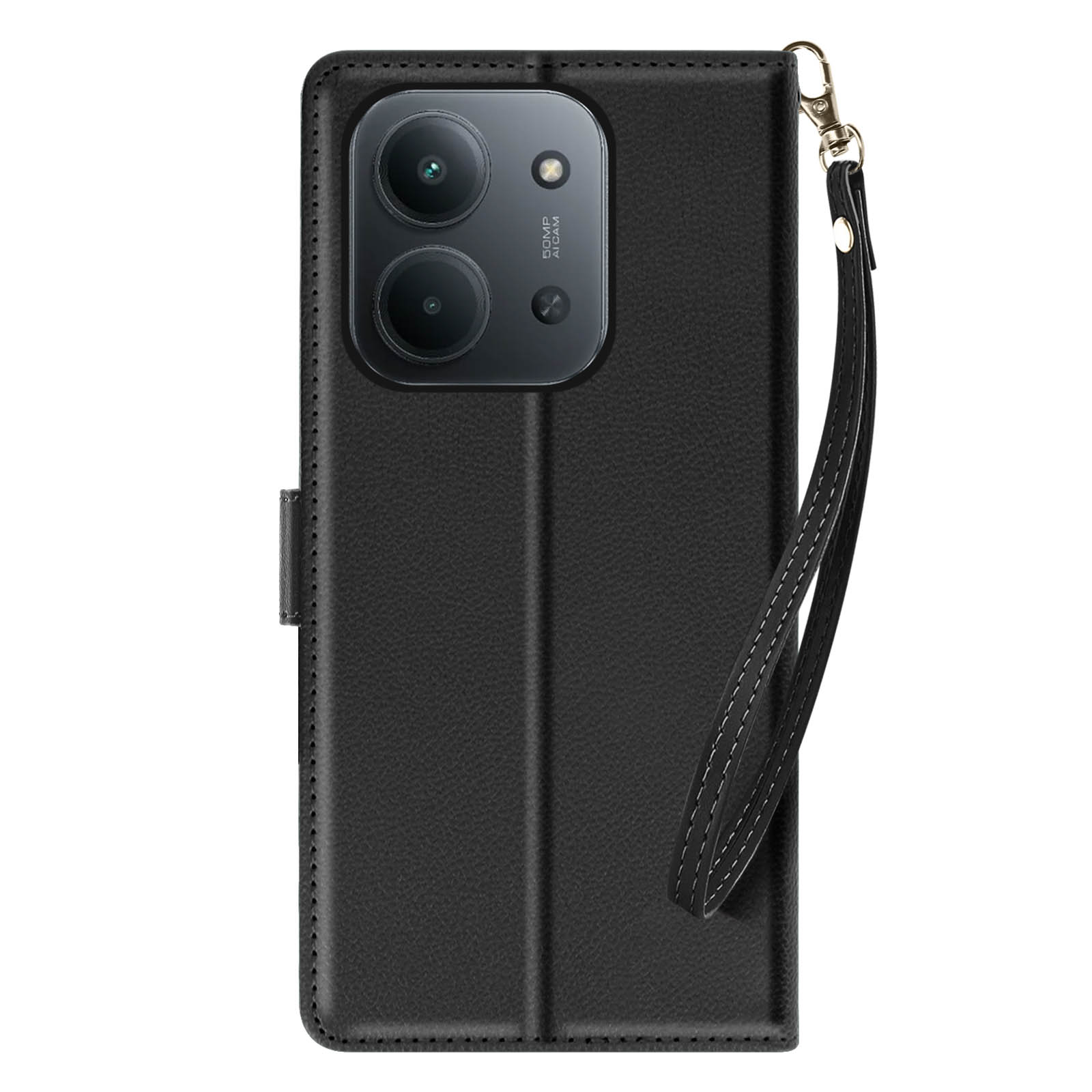 Custodia per telefono nera con fotocamera e cinturino. La custodia è chiusa. Sfondo bianco.