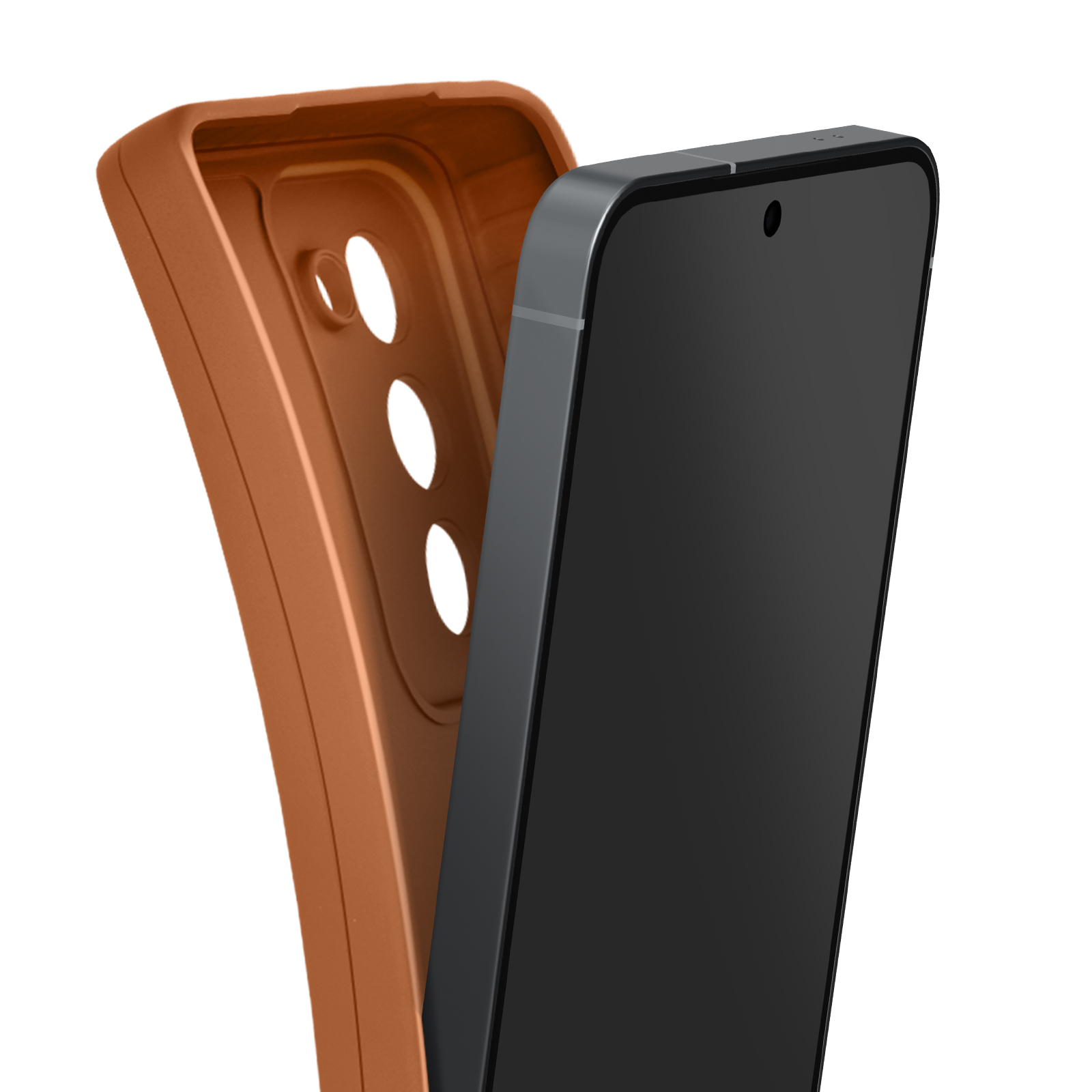 Un smartphone et un étui sont affichés. Le téléphone est noir, l'étui orange. Le téléphone est partiellement inséré.