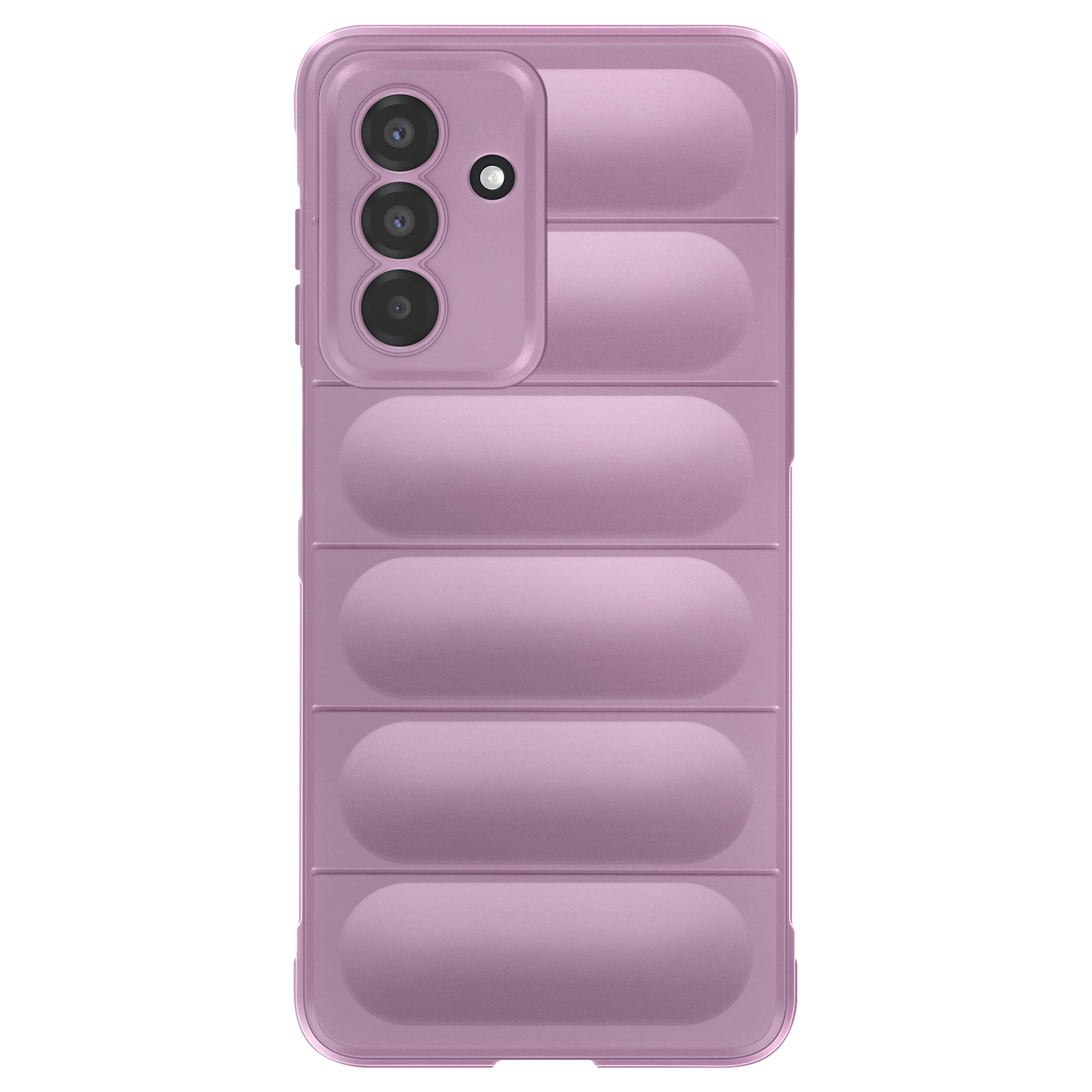 Una custodia per telefono viola chiaro. Ha tre obiettivi della fotocamera. La custodia ha una trama trapuntata.