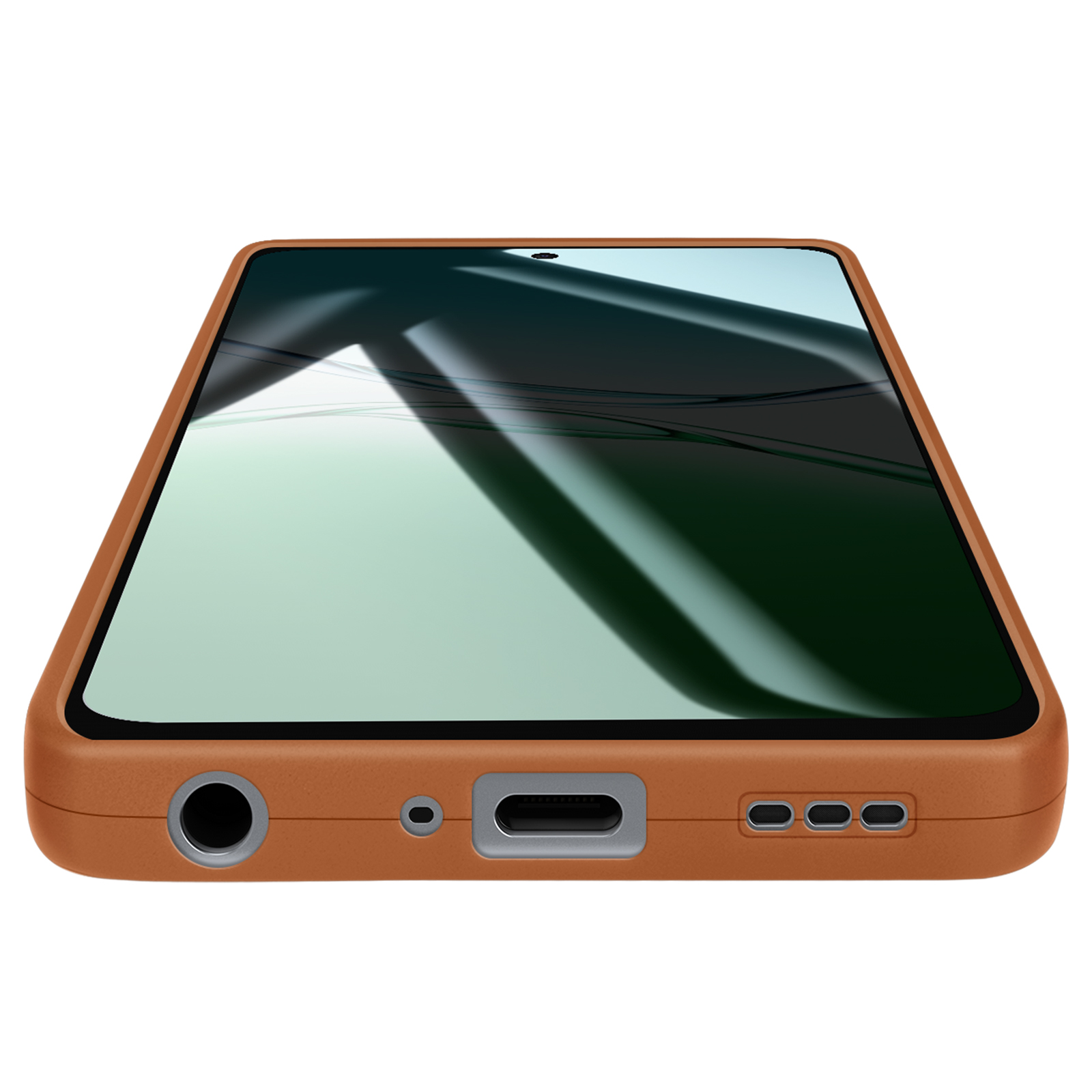 Une coque de téléphone orange avec un écran, montrant les ports du téléphone, et un fond blanc.