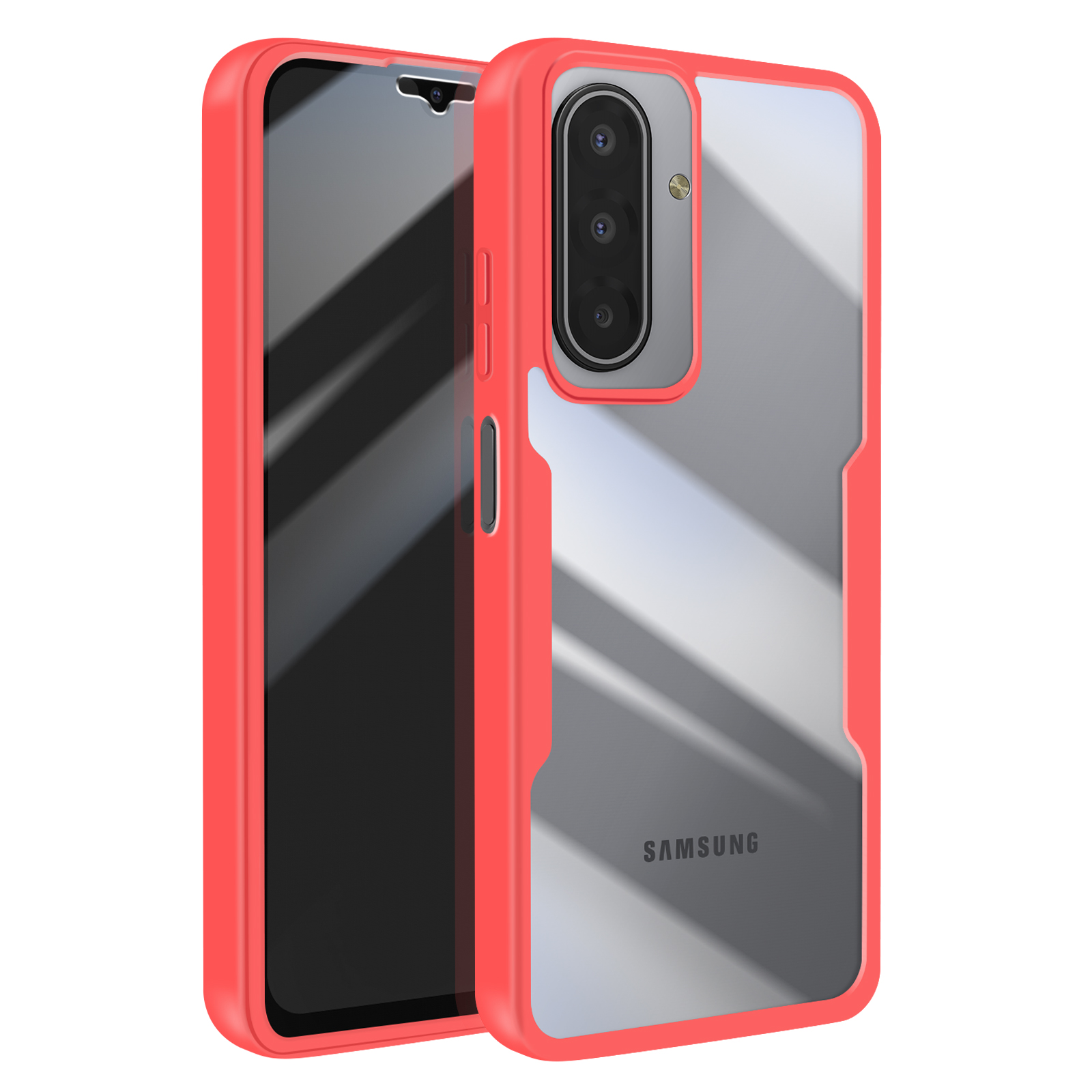 Een telefoonhoesje wordt getoond. Het is rood en transparant en onthult een telefoon met scherm en camera.