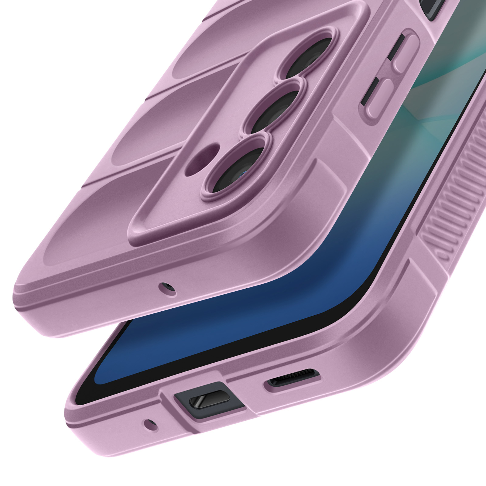 Una custodia lilla per telefono con tre ritagli per fotocamera e uno schermo del telefono. È su sfondo bianco.