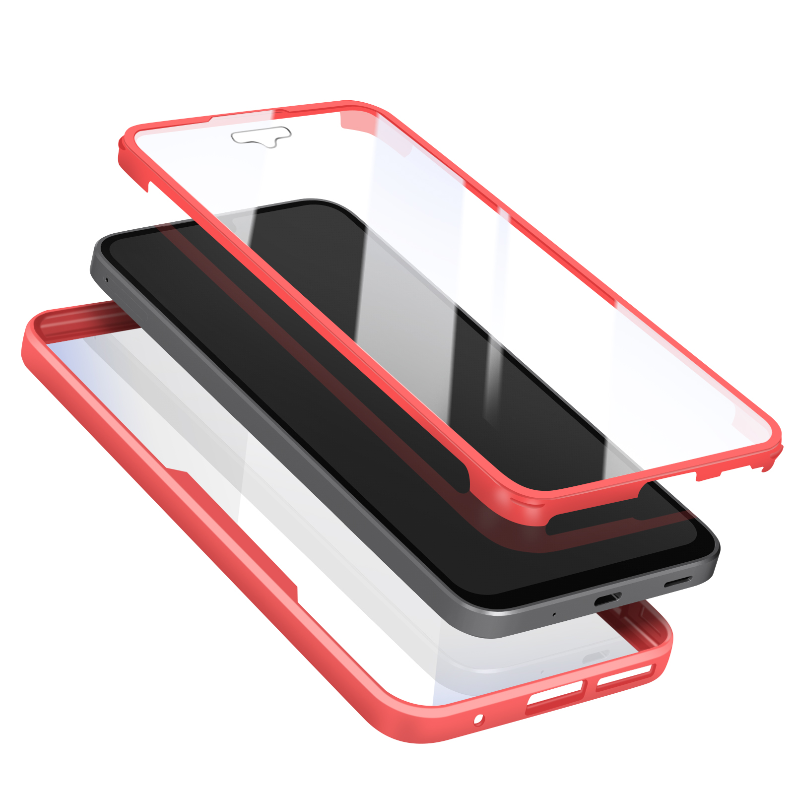 Een smartphone met een zwart scherm en een rode beschermhoes. De hoes bestaat uit losse onderdelen.