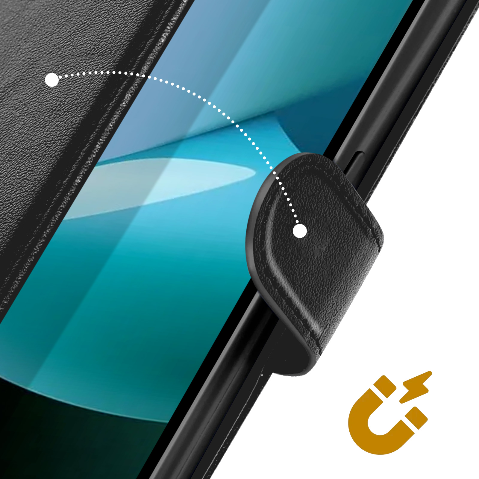 Dettaglio di una custodia nera per tablet. Chiusura magnetica indicata da un'icona a calamita dorata. Schermo blu-verde visibile.