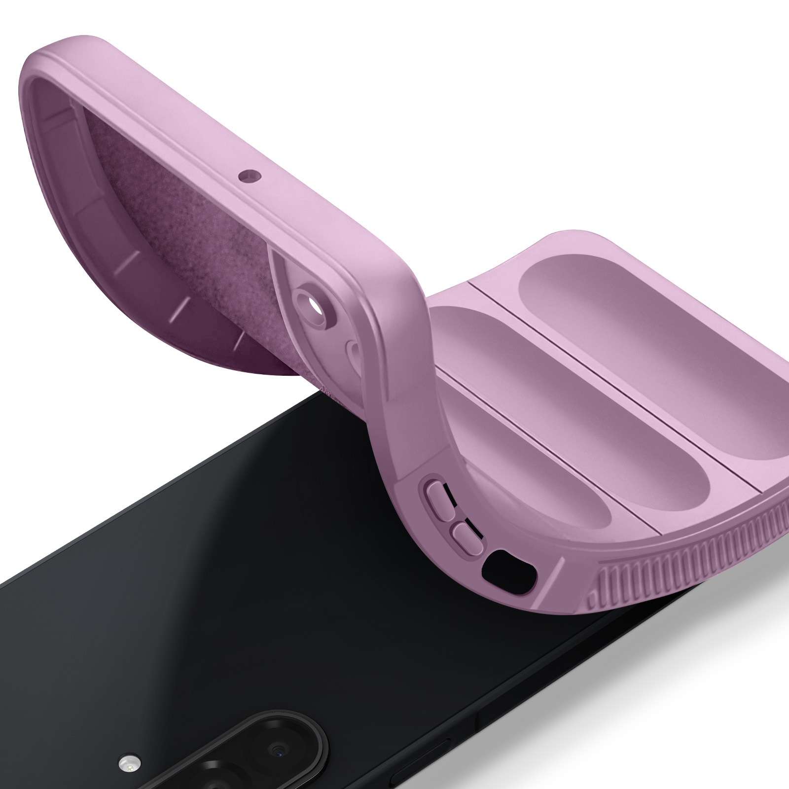 Uno smartphone nero con una custodia lilla chiaro. La custodia è parzialmente aperta, rivelando il retro.