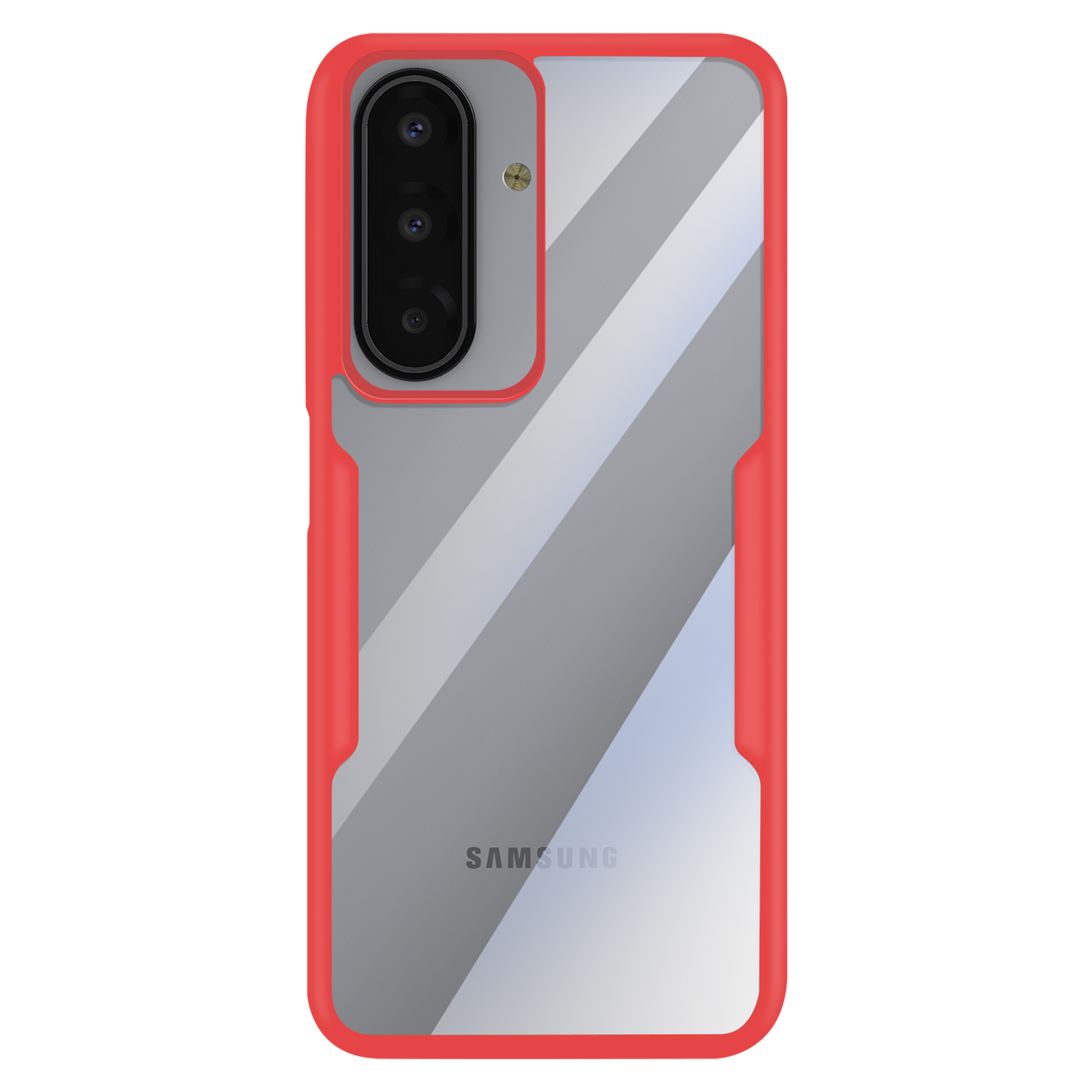 Een transparante telefoonhoes met een rode rand, met een drievoudige cameralens en het Samsung-logo.