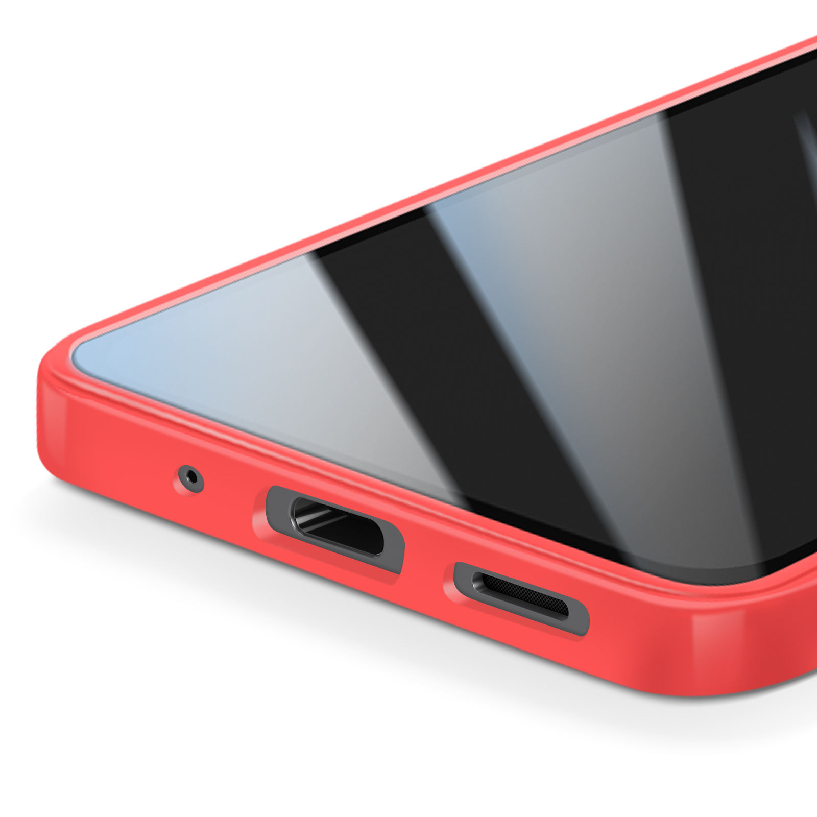 Close-up van een rode smartphonehoes met een zwart scherm. De hoes heeft een poort en luidsprekergaten. Witte achtergrond.