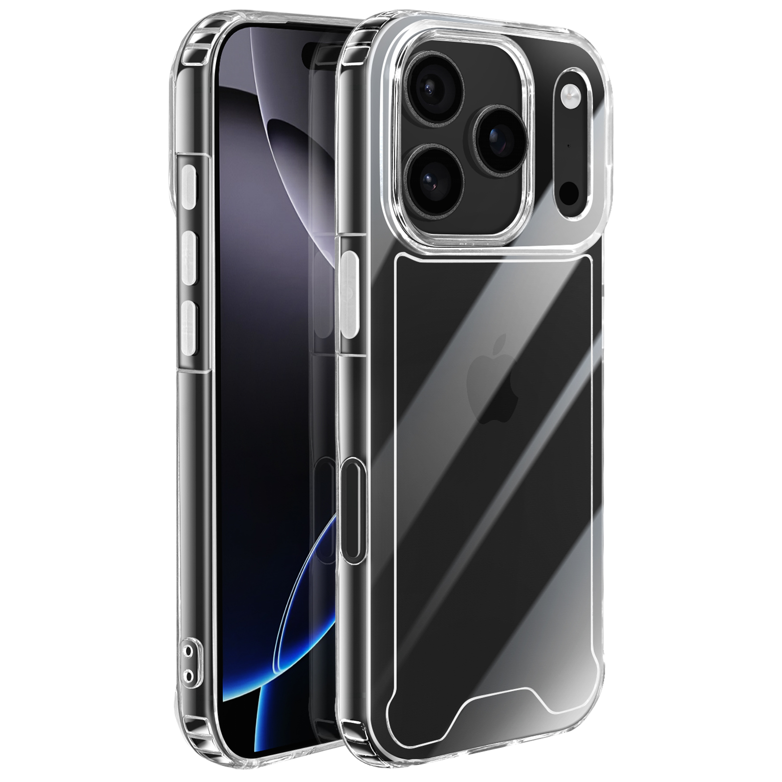Custodia trasparente per iPhone, con lenti della fotocamera e logo Apple.