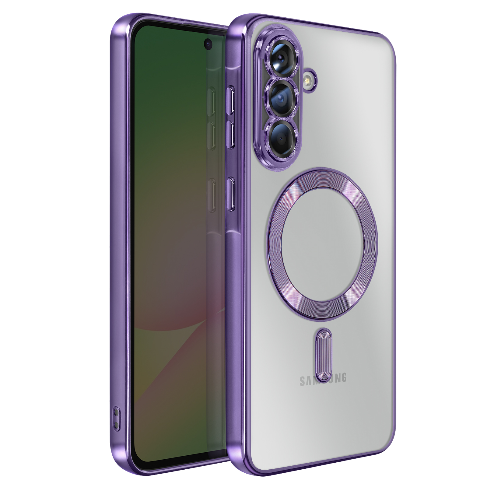 Een paarse telefoonhoes wordt getoond, met de achterkant van de telefoon met cameralenzen en het Samsung-logo.