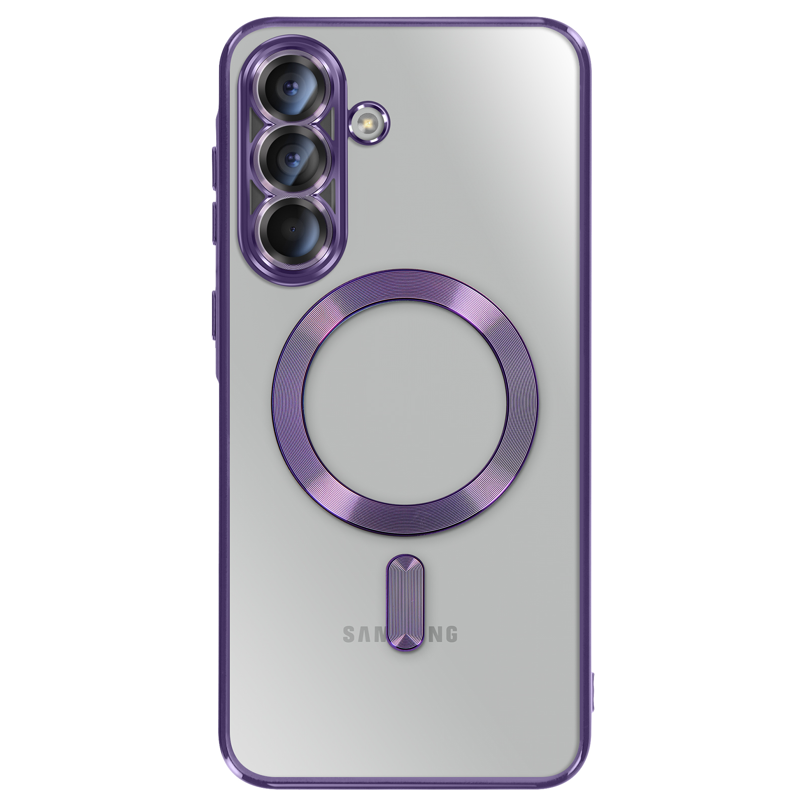 Transparante telefoonhoes op witte achtergrond. Paarse accenten rond de camera's, ring en randen. Samsung-logo zichtbaar.