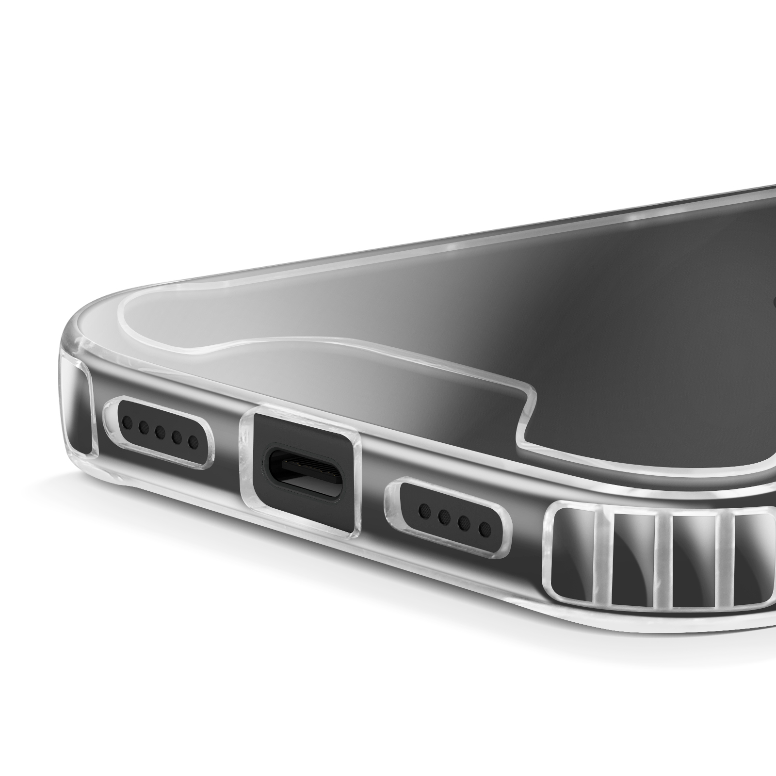 Custodia trasparente per telefono, che mostra il bordo inferiore con fori per porte e altoparlanti, su sfondo bianco.