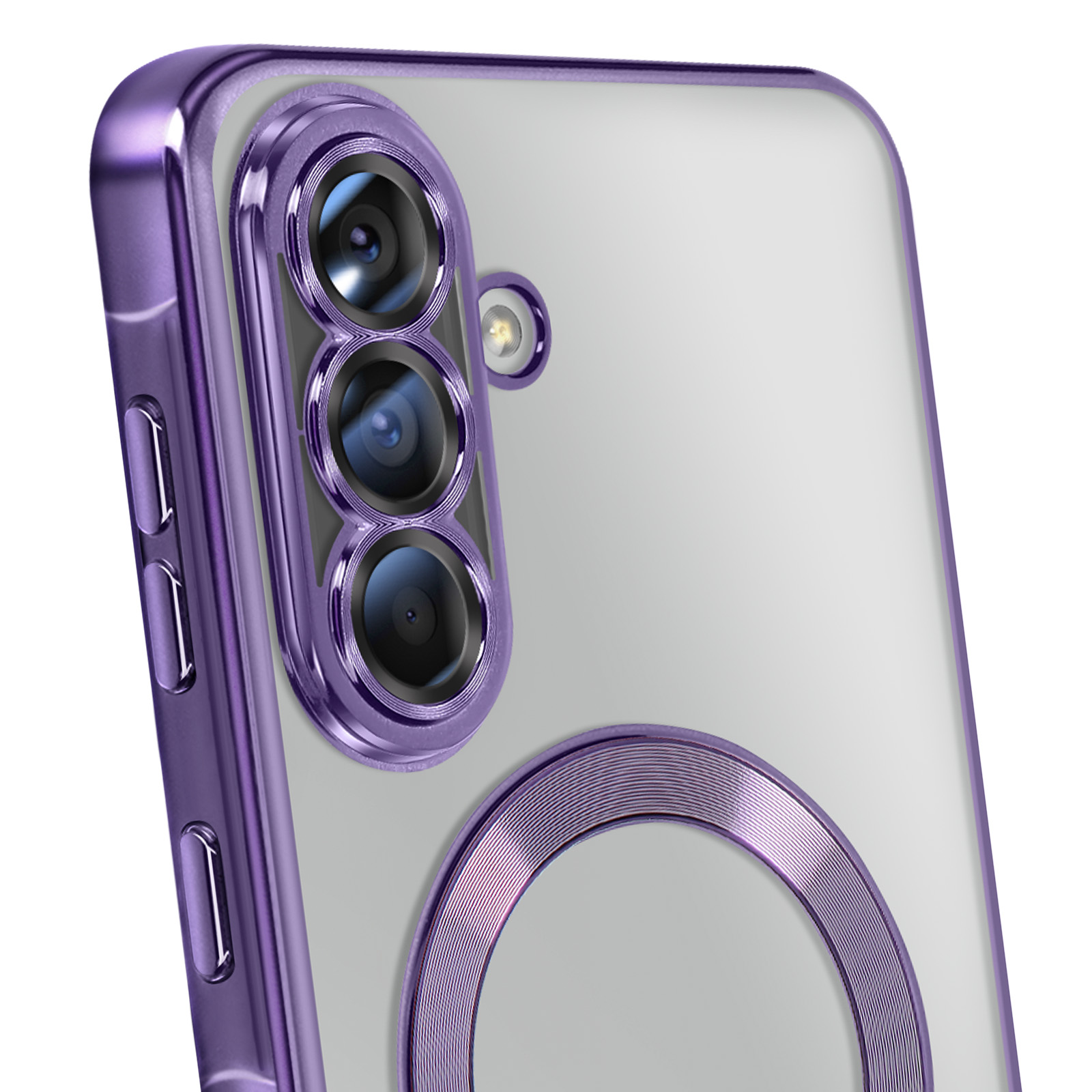 Close-up van een telefoon met een paars hoesje. De telefoon heeft drie cameralenzen en een cirkelvormige magnetische ring.
