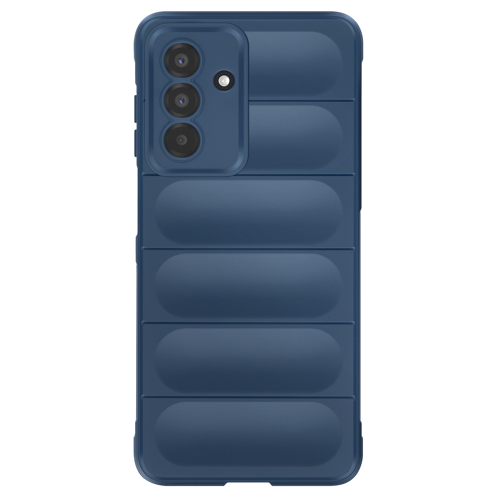 Eine blaue Handyhülle mit Kameraanordnung. Die Hülle hat ein gestepptes, gepolstertes Design.