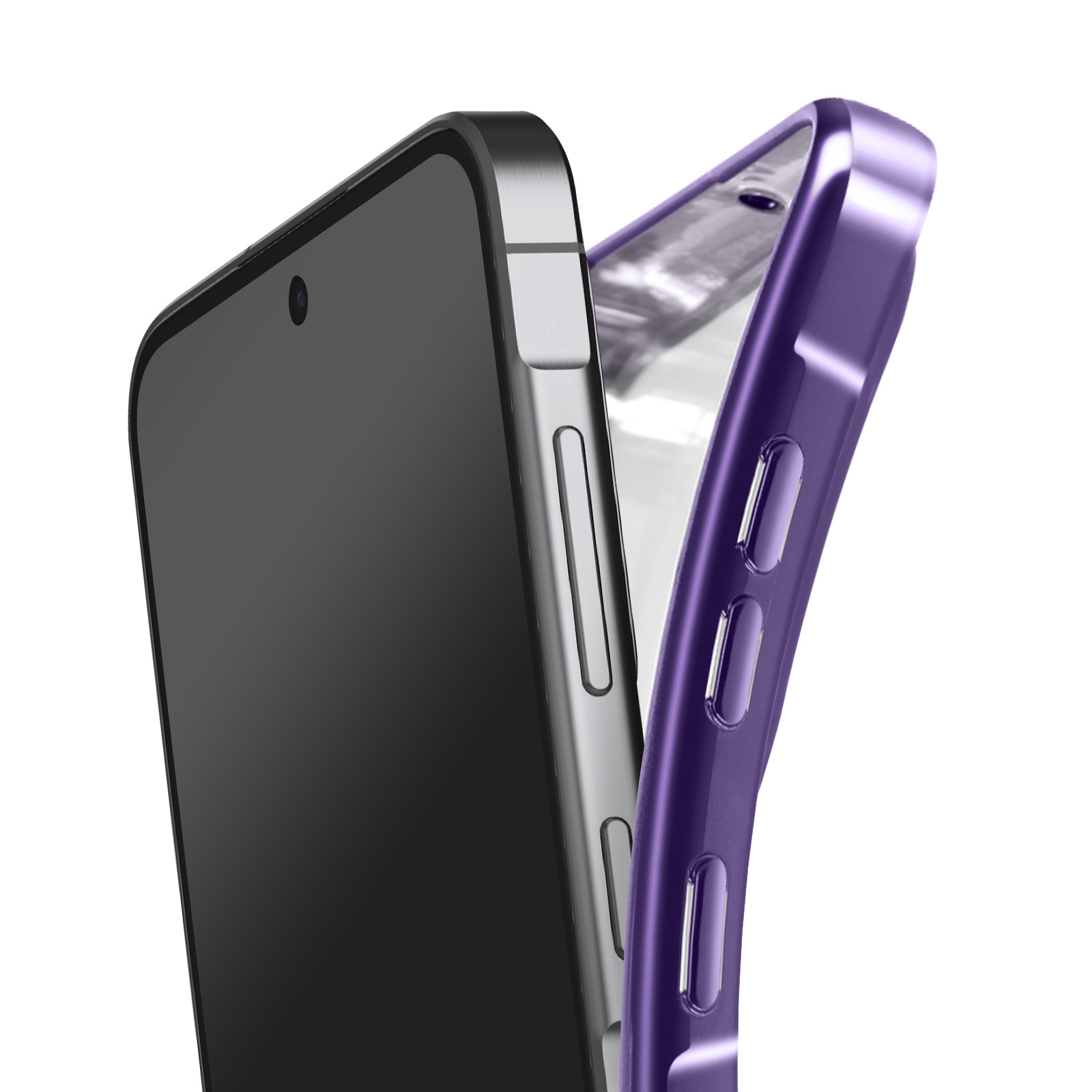 Close-up van een smartphone en een paarse telefoonhoes. De telefoon is zwart en de hoes heeft knopcontouren.