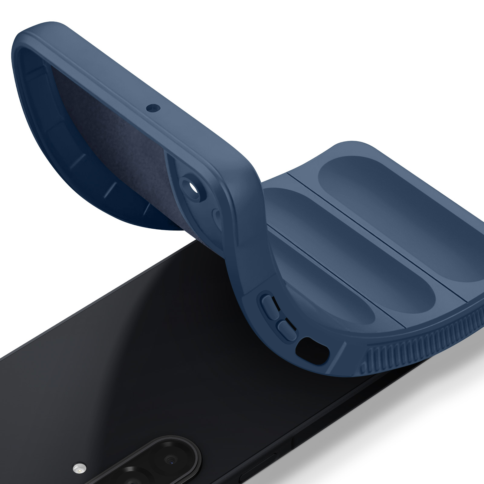 Eine dunkelblaue Handyhülle wird auf ein schwarzes Smartphone gelegt. Die Hülle ist teilweise geöffnet.
