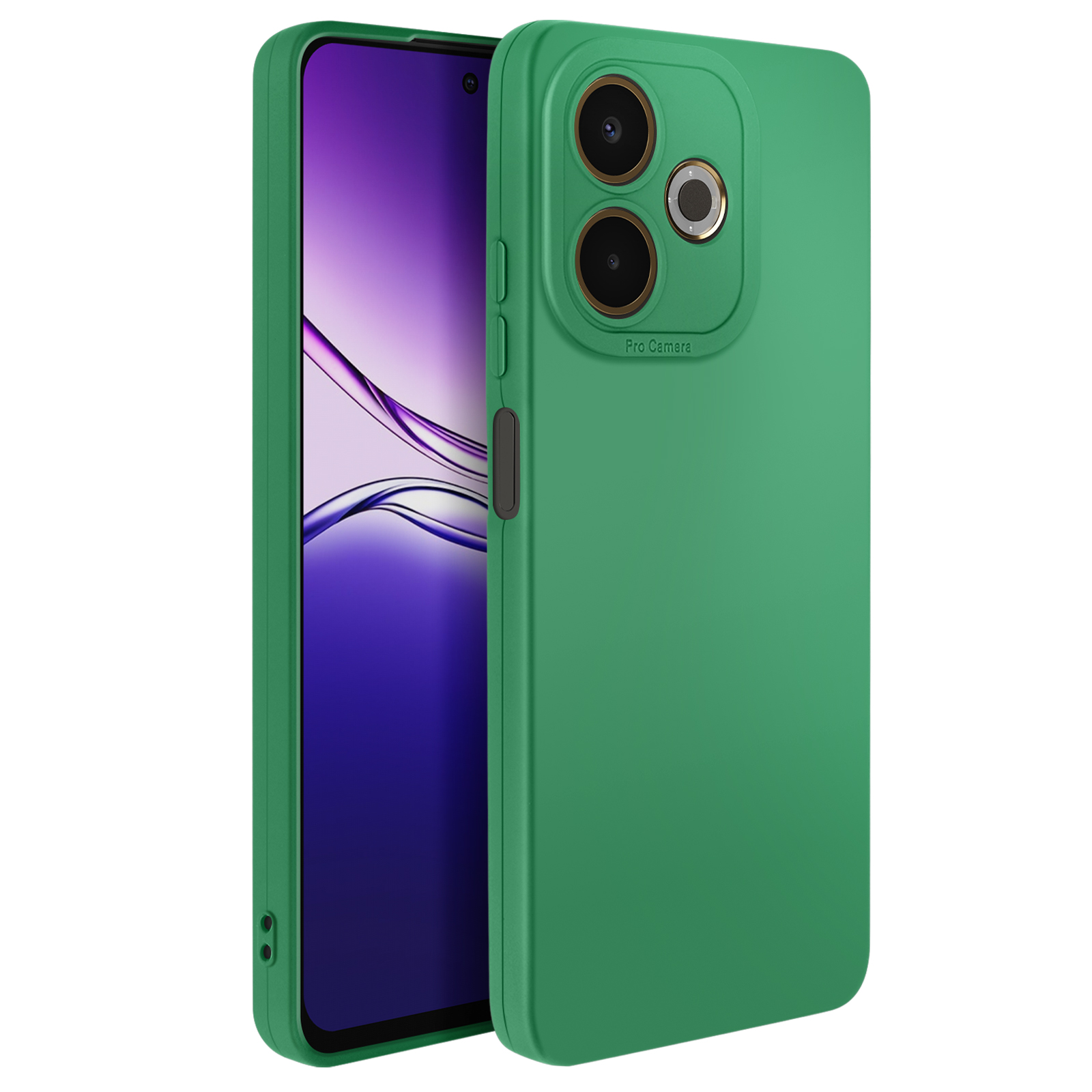 Un téléphone vert avec un étui vert. L'écran affiche un arrière-plan violet. L'étui a trois lentilles de caméra.