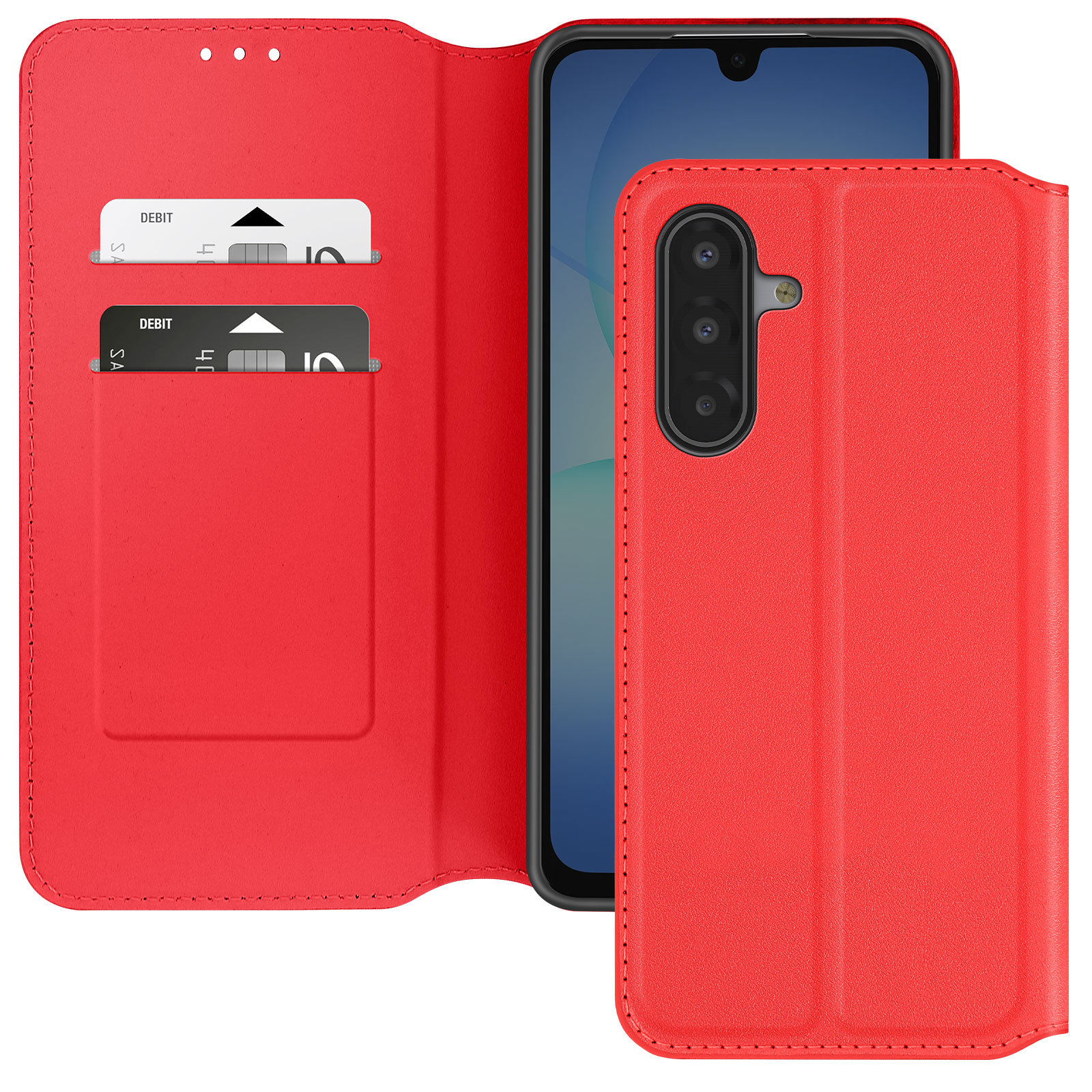 Custodia rossa per telefono con carte, schermo del telefono visibile. Custodia aperta, che mostra carte e telefono. Telefono nero in custodia rossa.