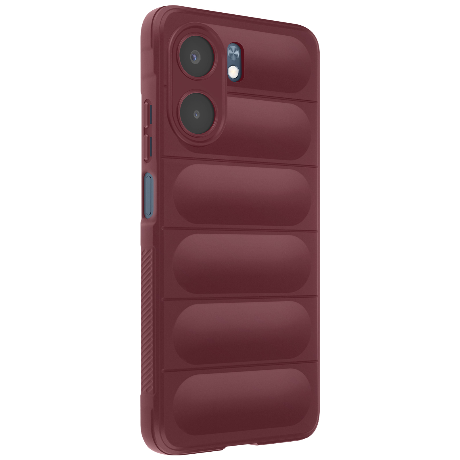 Una custodia per telefono bordeaux con un design imbottito e strutturato. Sono visibili due obiettivi della fotocamera in alto.
