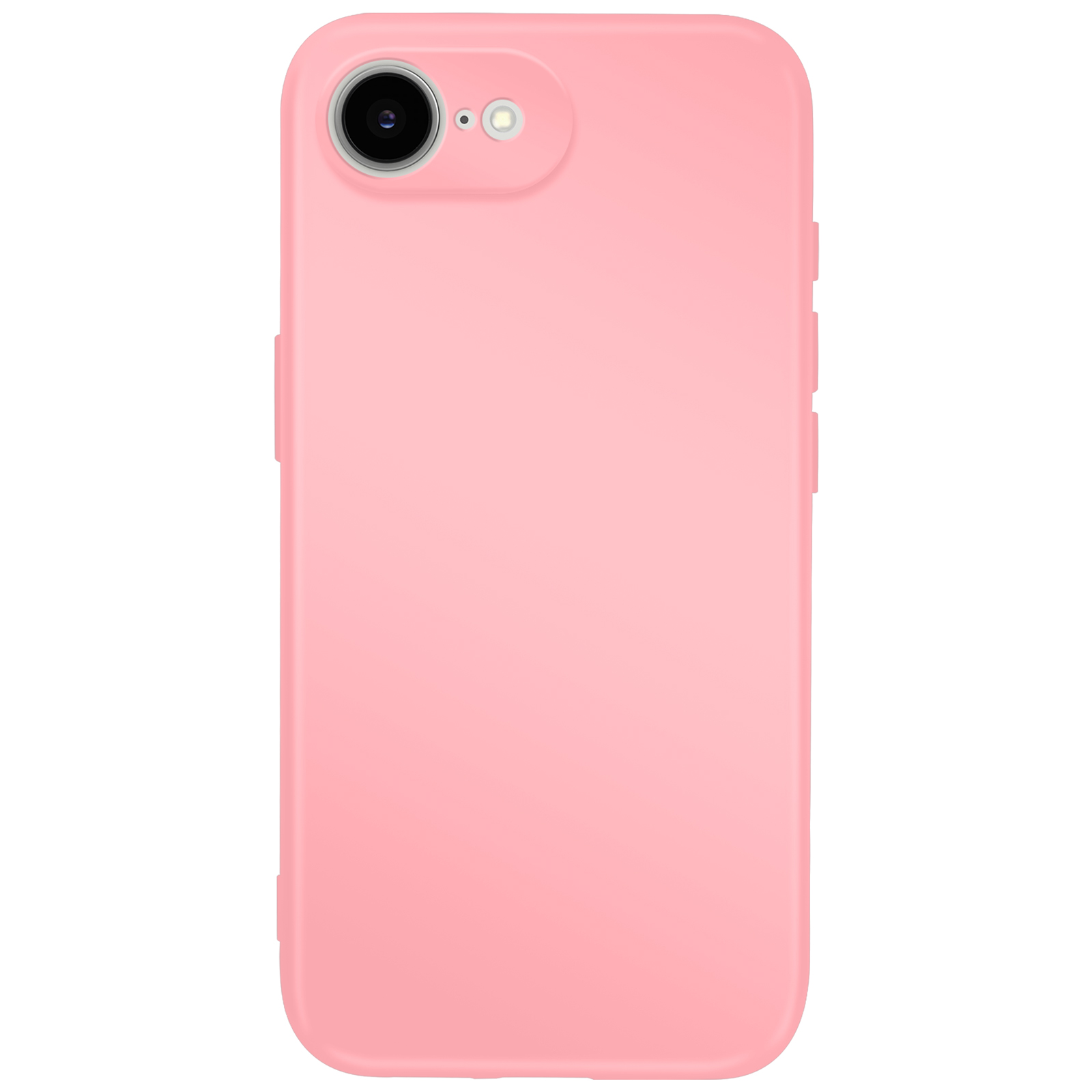 Une coque de téléphone rose. L'appareil photo et le flash sont visibles en haut. La coque est lisse et arrondie.