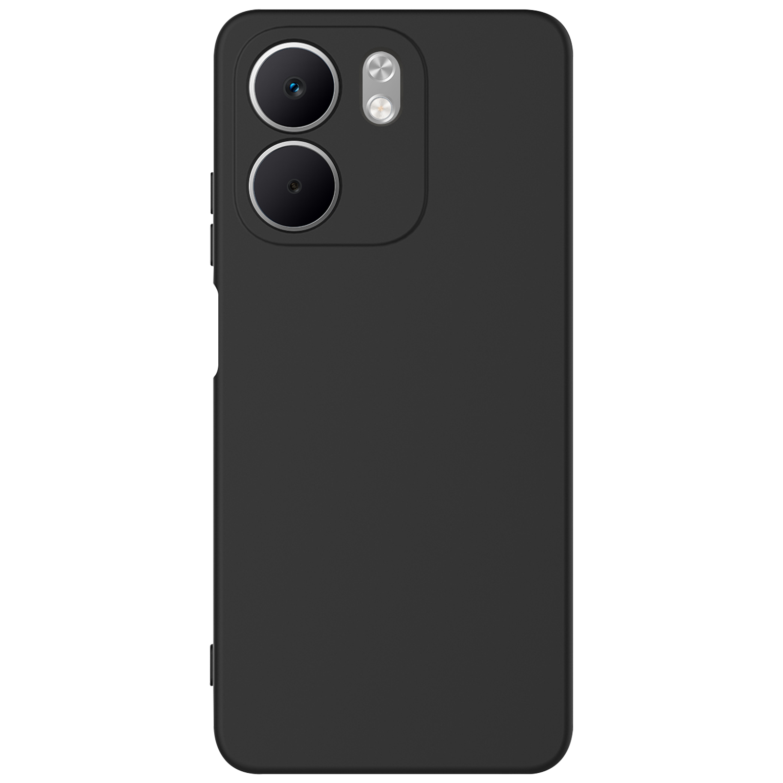 Custodia nera per telefono con doppia fotocamera e flash. La custodia è rettangolare con angoli arrotondati.