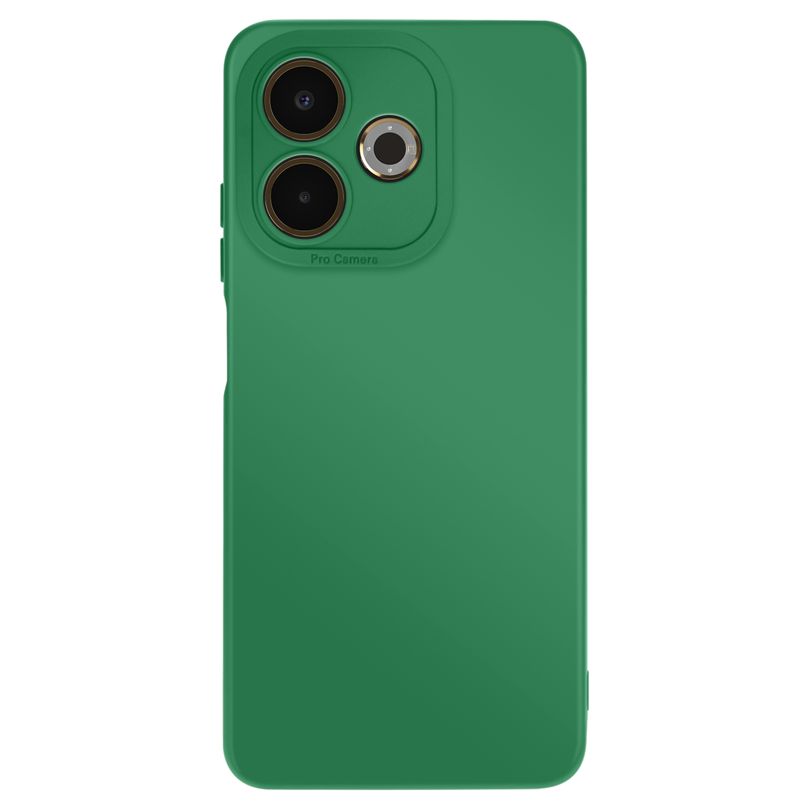 Coque de téléphone verte avec trois objectifs. La coque couvre le téléphone et affiche 'Pro Camera'.