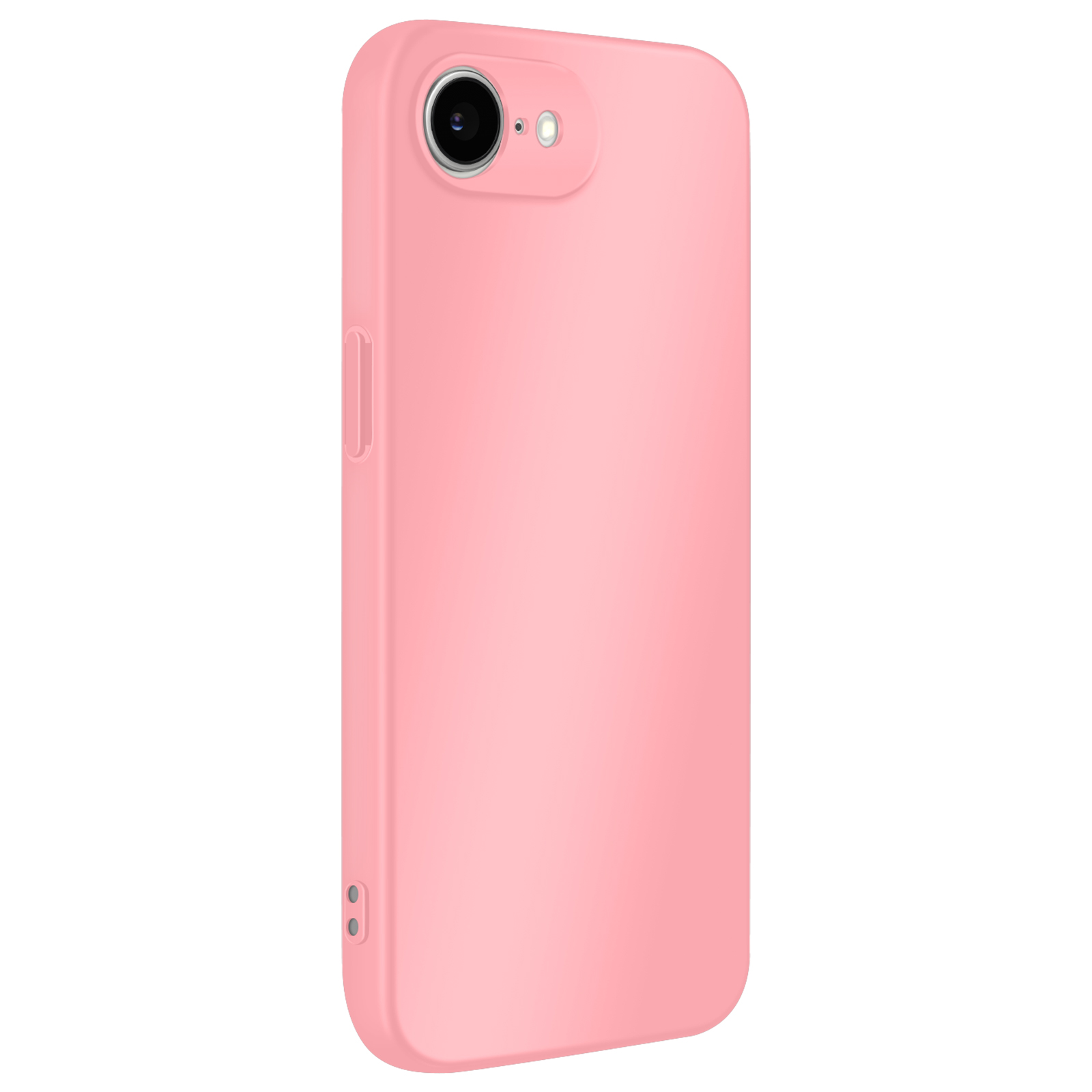 Une coque de téléphone rose. Elle possède une caméra et des boutons de volume sur le côté. L'arrière est lisse.