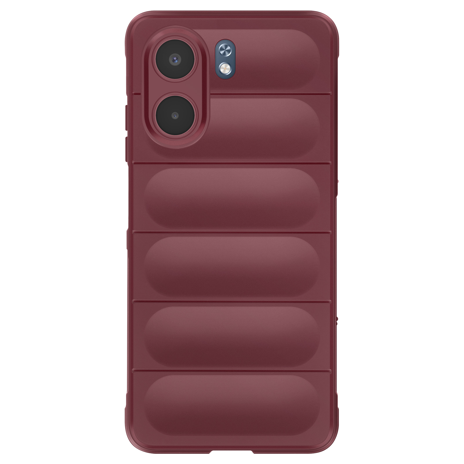 Una custodia per telefono bordeaux con un design trapuntato, con due lenti della fotocamera e un flash.