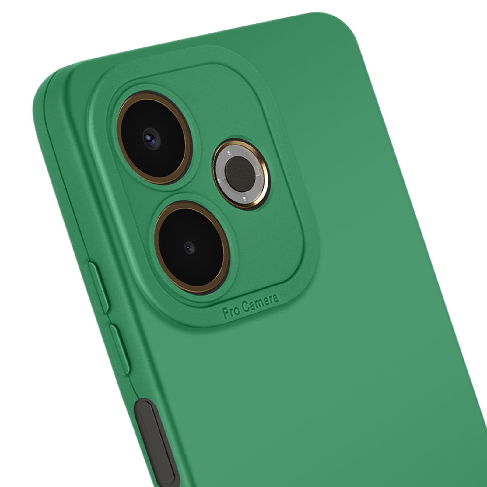 Gros plan sur une coque de téléphone verte avec trois lentilles de caméra et l'inscription 'Pro Camera'.