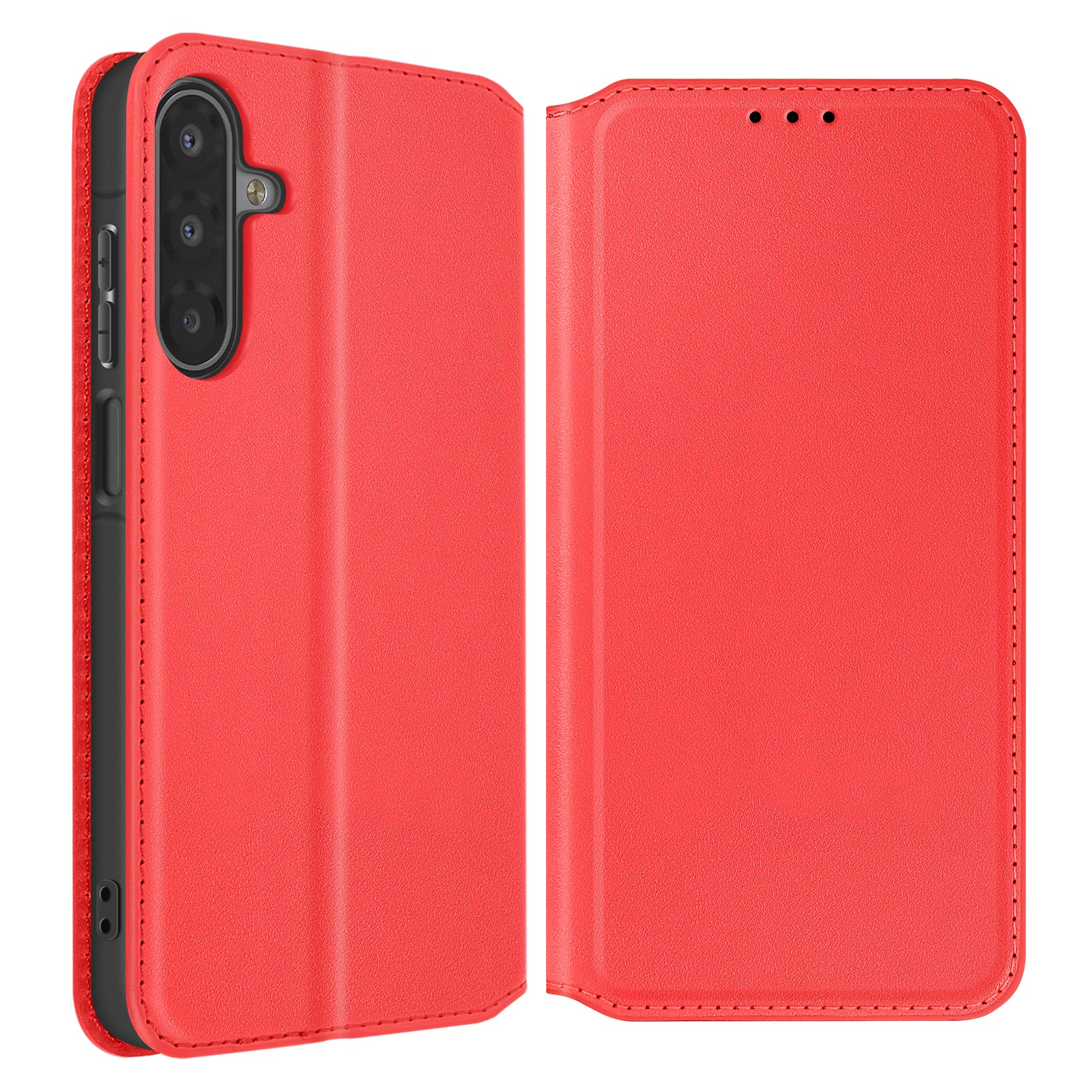 Custodia rossa per telefono aperta, rivela il modulo fotocamera e un pulsante laterale. La custodia sembra essere in pelle.