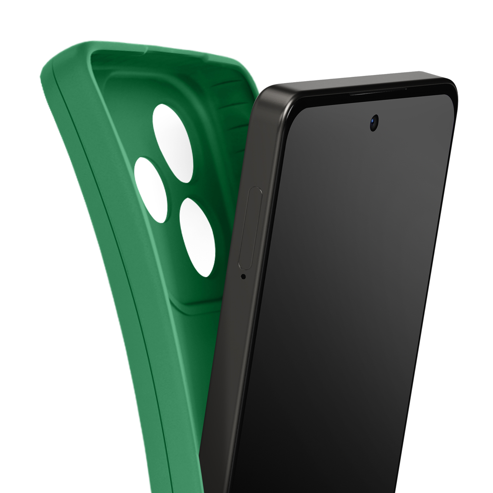 Un smartphone noir à côté d'une coque verte. L'étui comporte trois trous. Le fond est blanc.