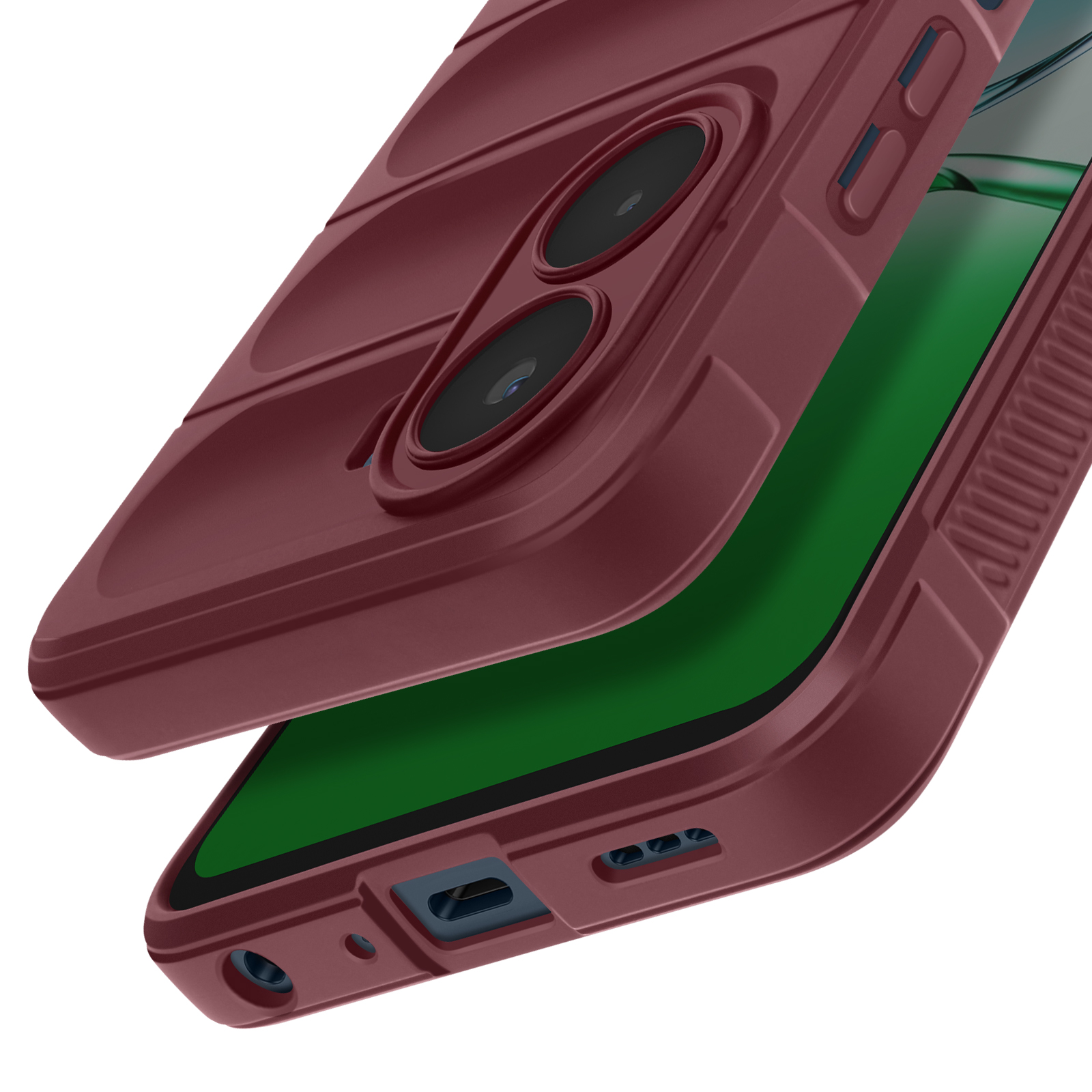 Una custodia del telefono bordeaux con due lenti della fotocamera è parzialmente aperta, rivelando uno schermo verde. Lo sfondo è bianco.