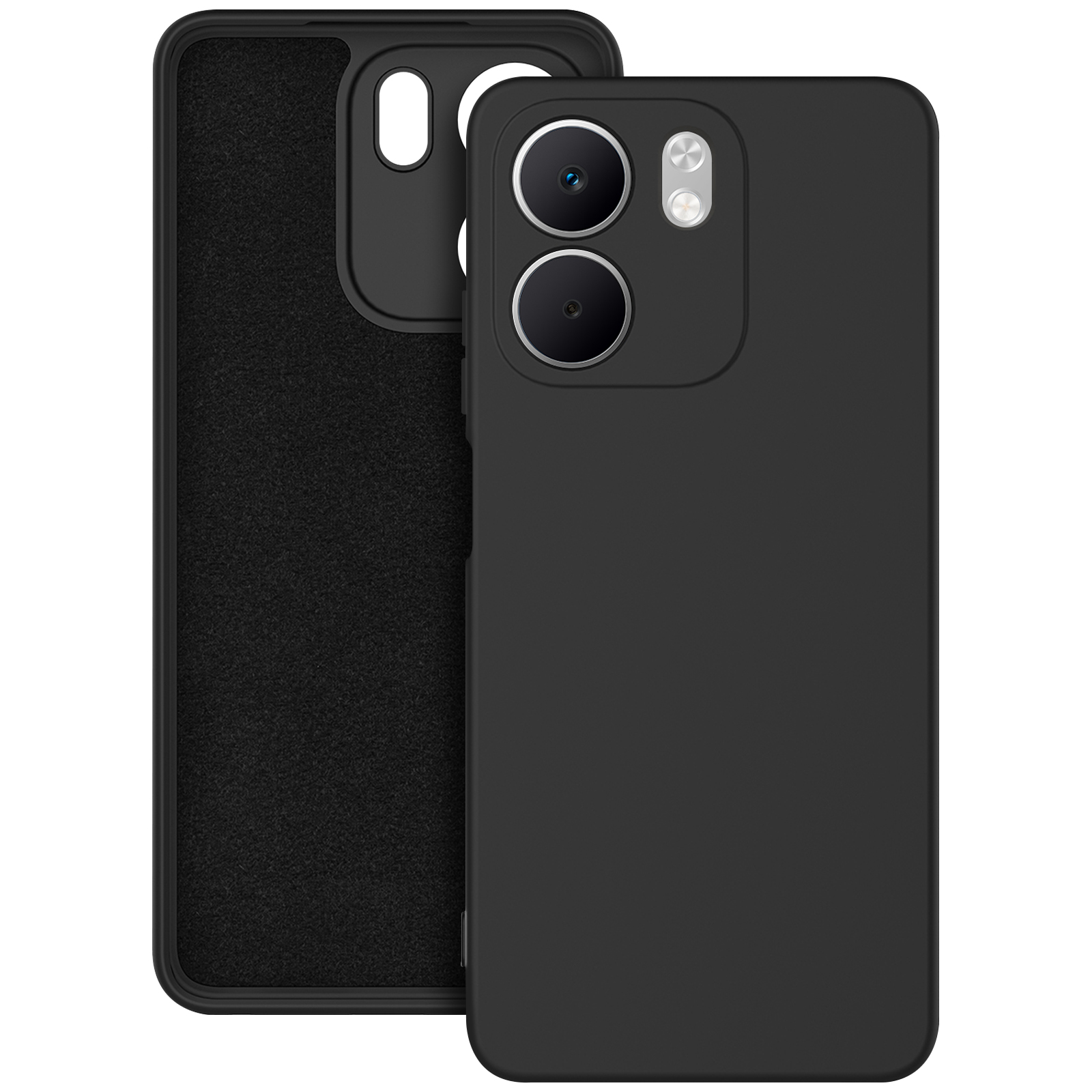 Due custodie nere per telefono. Una aperta per mostrare l'interno. L'altra ha lenti della fotocamera e un flash.