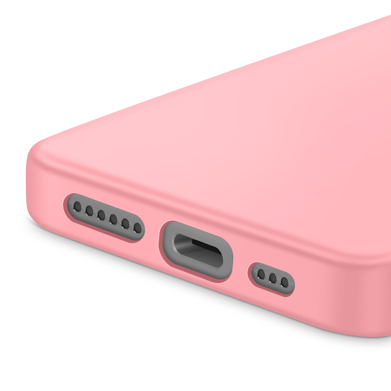 Gros plan sur une coque de téléphone rose. Elle a des trous de haut-parleur et un port de chargement. Le fond est blanc.