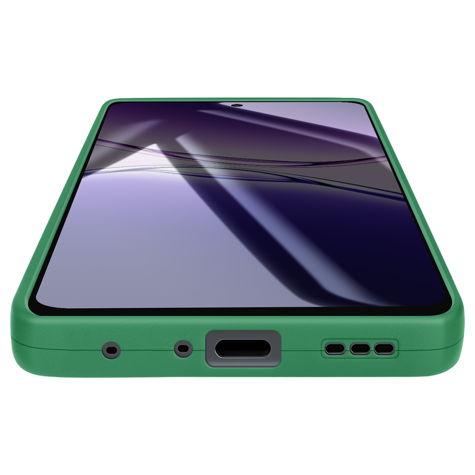 Un téléphone vert dans un étui est présenté d'un angle bas, l'écran est visible avec un fond violet.