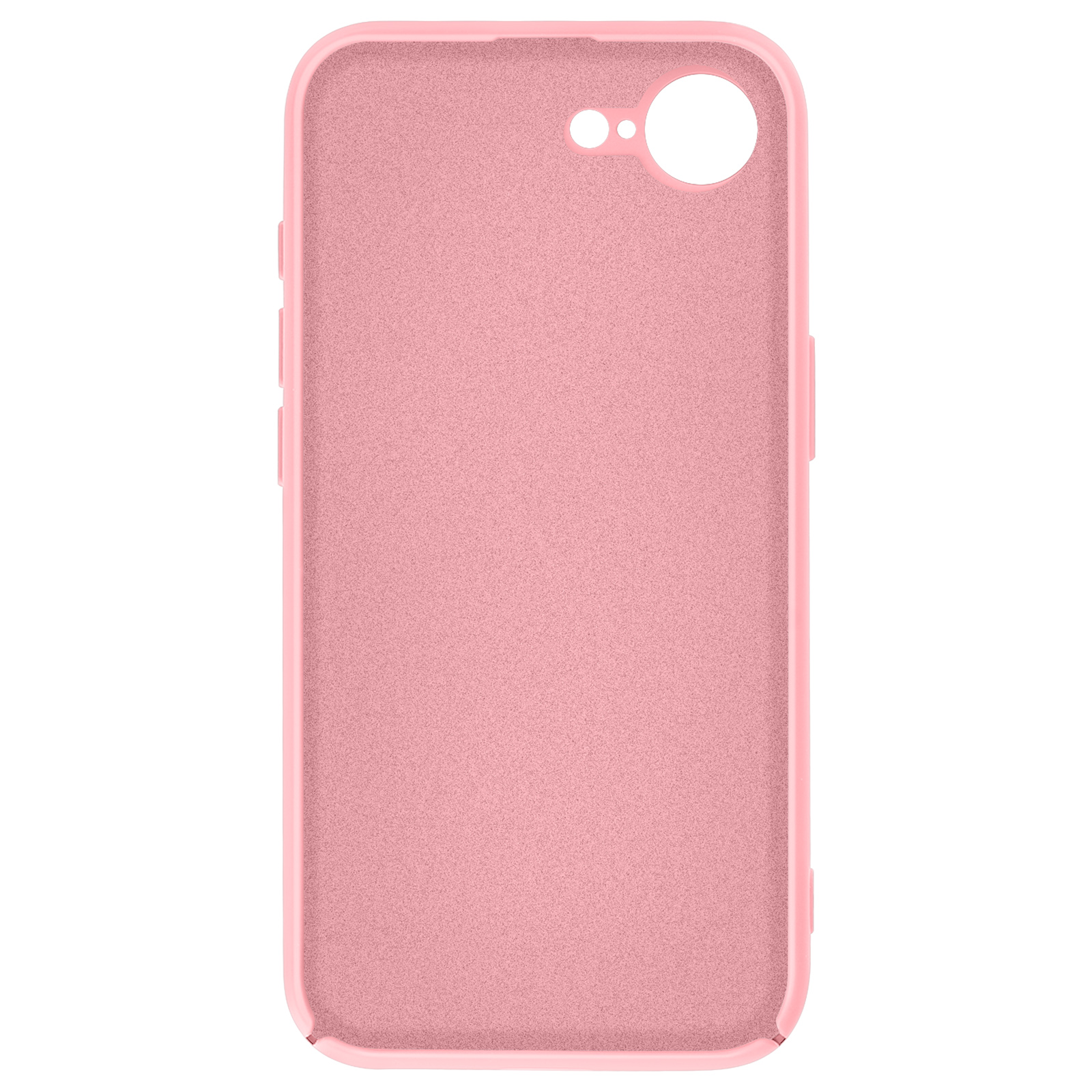 Coque de téléphone rose avec trou pour caméra et boutons latéraux. Plan rapproché sur fond blanc.