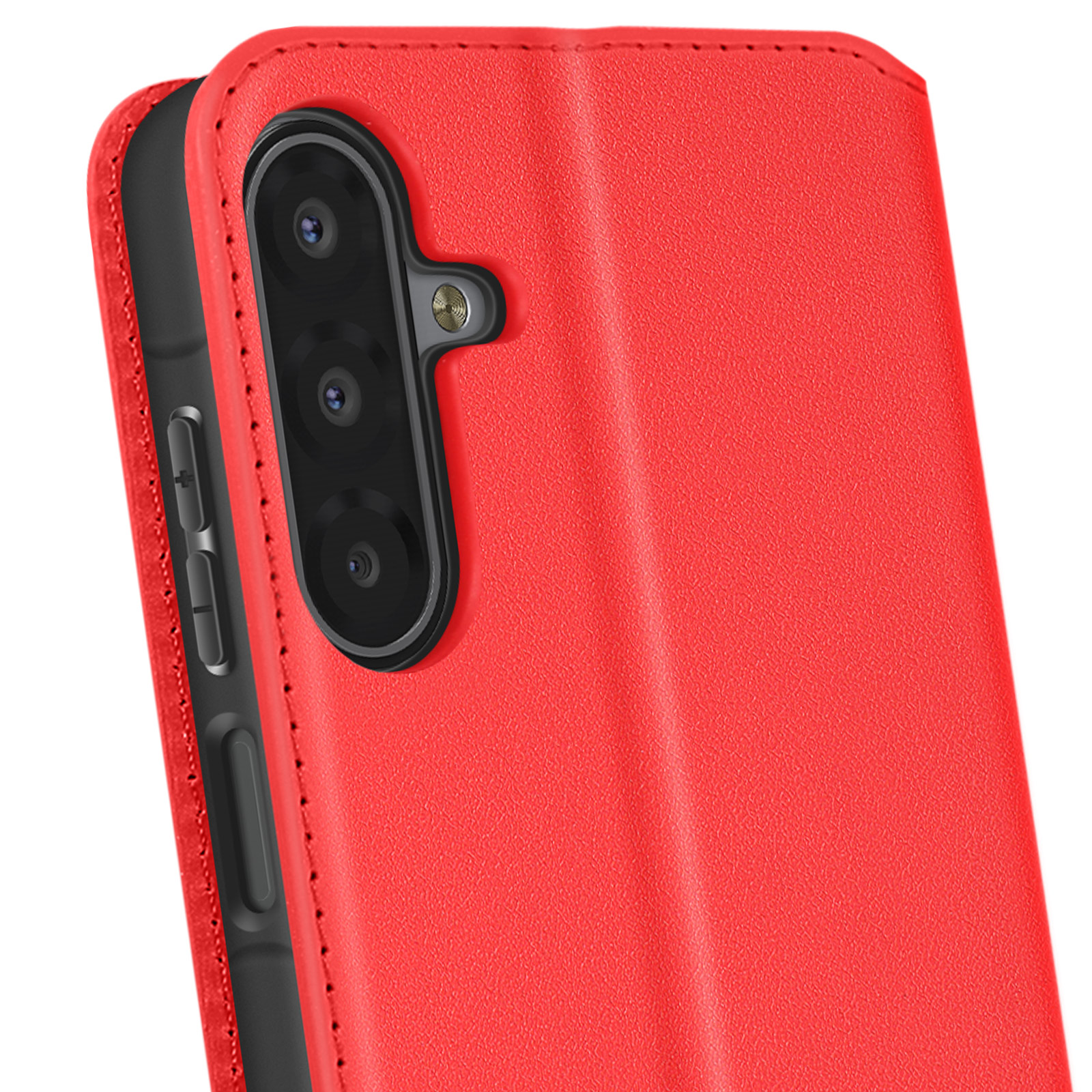 Una custodia rossa per telefono con tripla fotocamera e pulsanti laterali. La custodia è aperta, mostrando il bordo e la fotocamera.