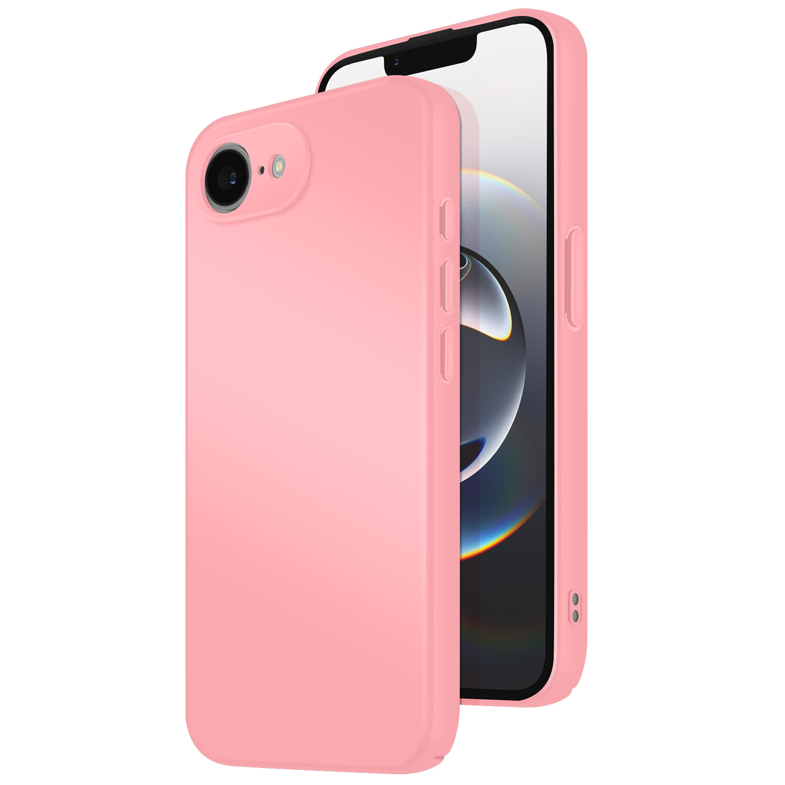 Un iPhone rose avec un étui rose est montré, légèrement ouvert. L'étui couvre le côté et l'arrière du téléphone.
