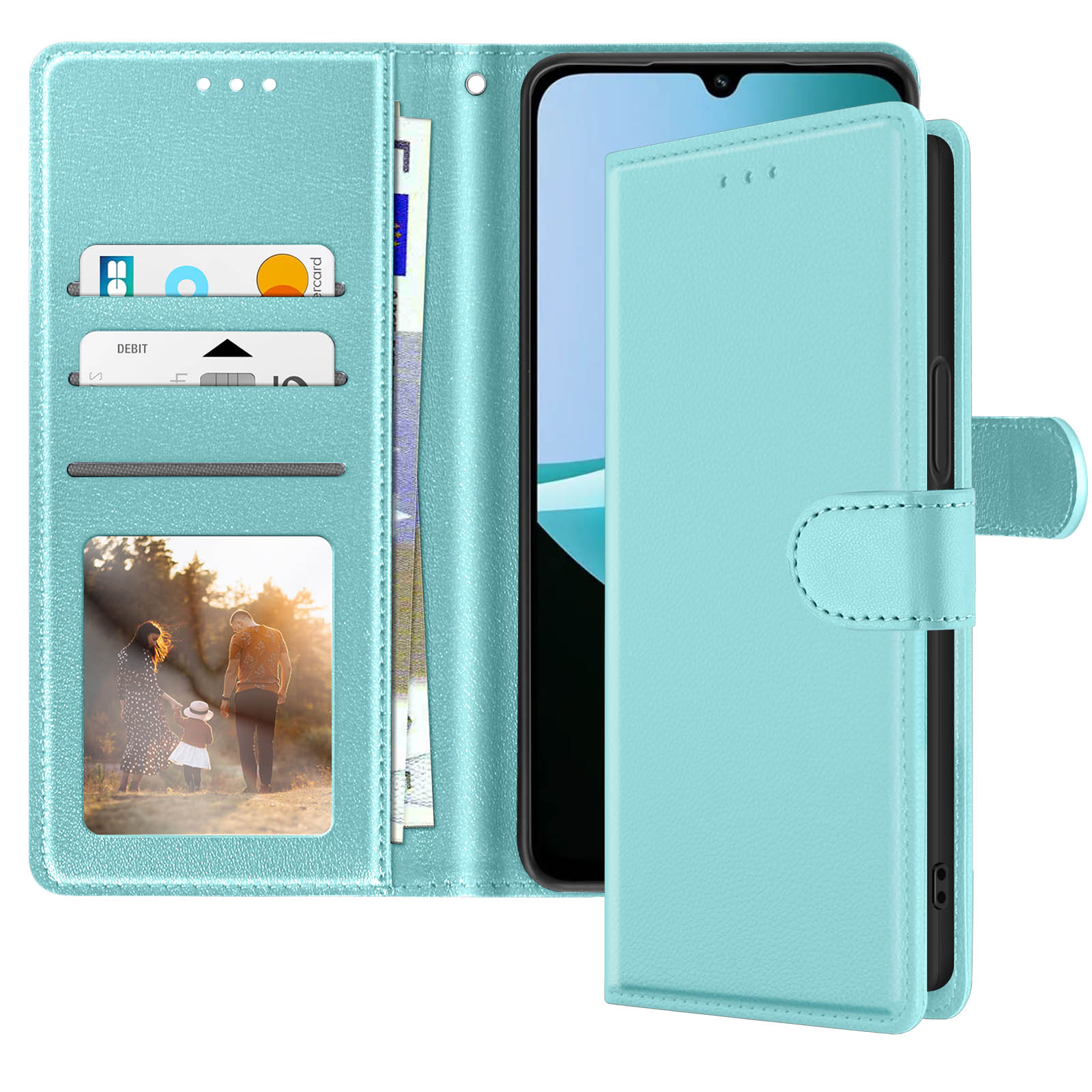 Custodia per telefono azzurra con telefono aperto. Ha fessure per carte e una foto di famiglia.