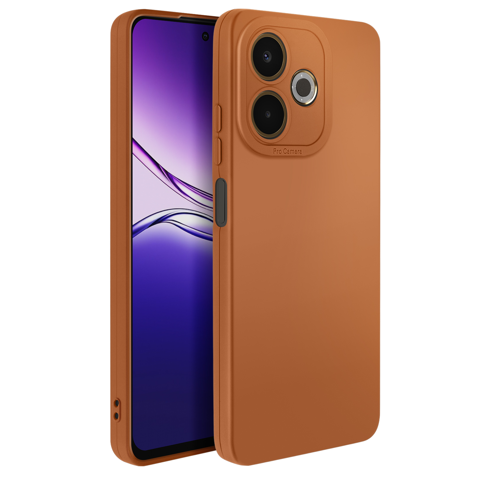Een smartphone in een bruine hoes. Het scherm toont een paars en wit abstract ontwerp. De telefoon heeft drie camera's.