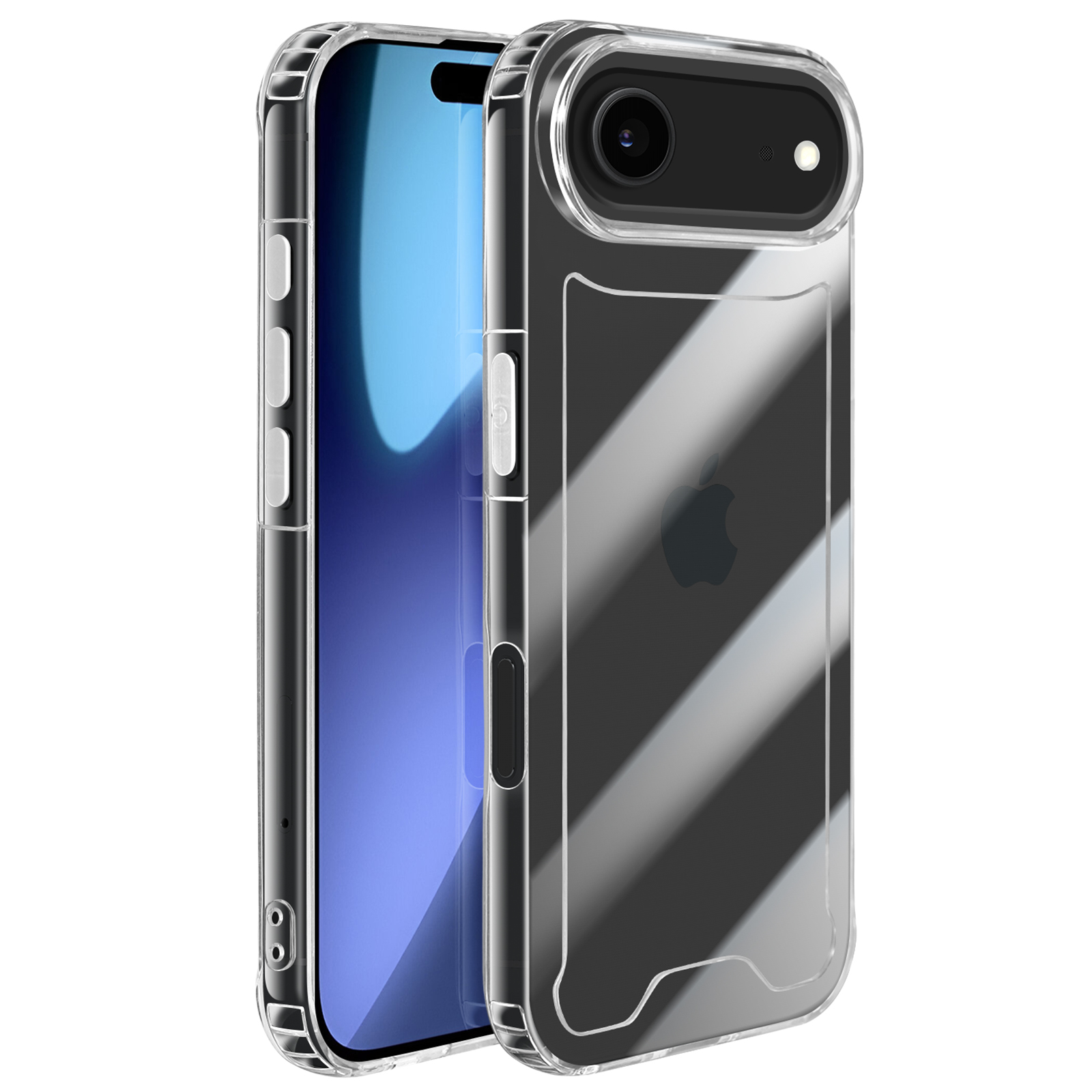 Due smartphone con custodie trasparenti. Uno mostra uno schermo blu, l'altro il logo Apple. Entrambi su sfondo bianco.