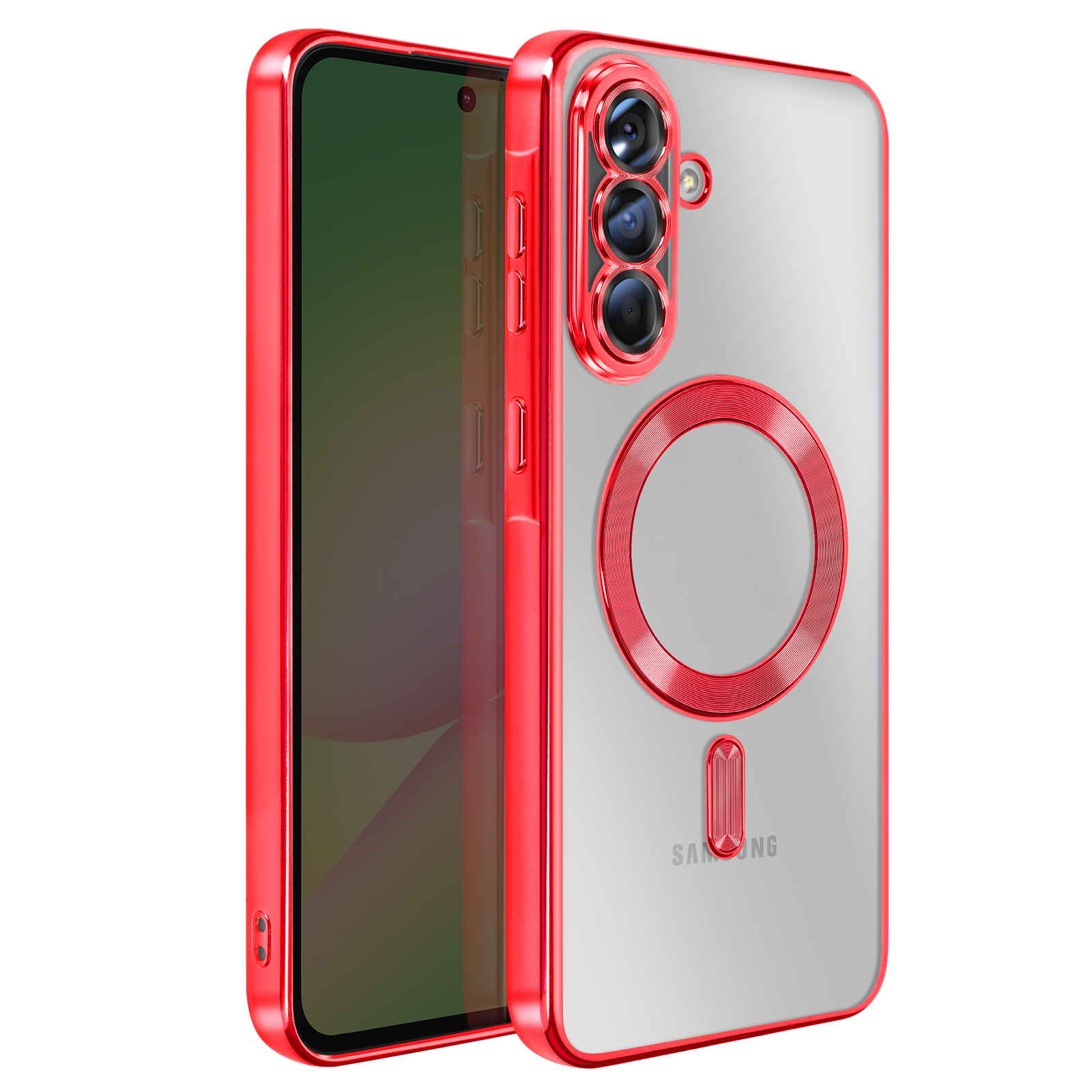 Un étui de téléphone rouge avec un dos transparent et un anneau rouge. Le téléphone a un écran et des caméras.