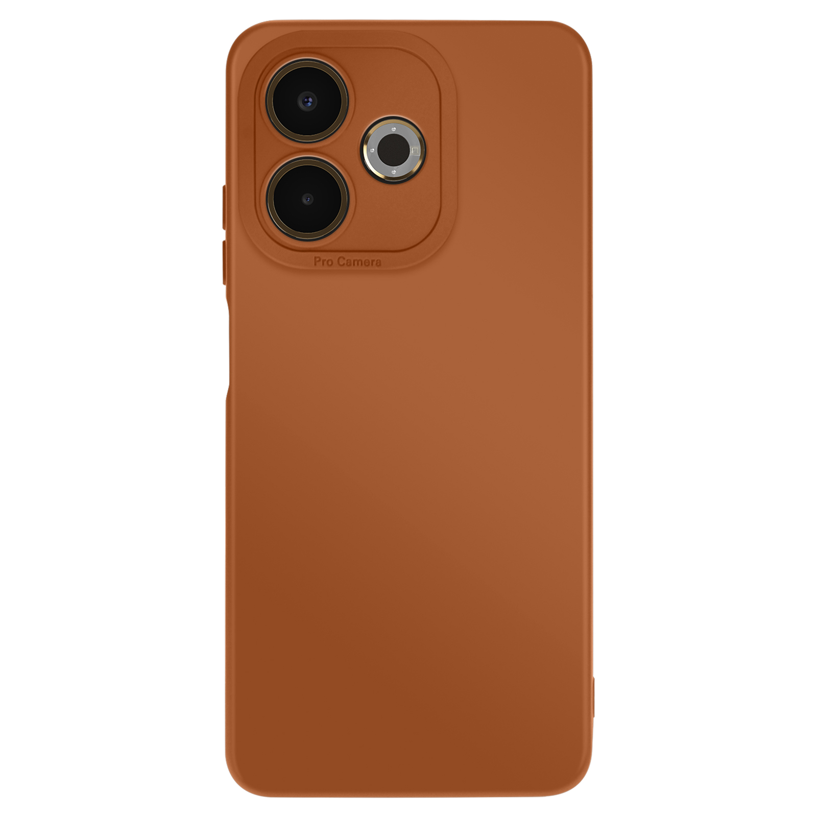 Een oranje telefoonhoesje met drie cameralenzen. De hoes is effen en heeft het label 'Pro Camera'.