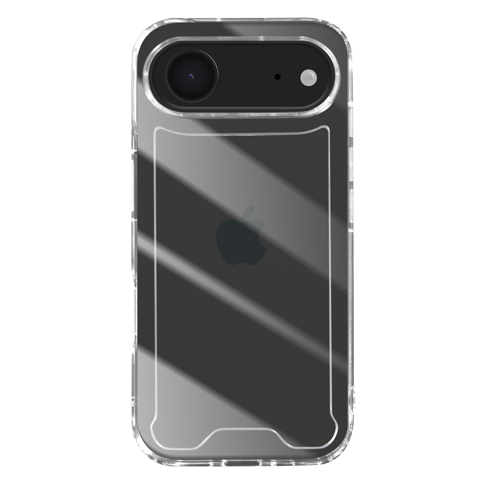 Una custodia trasparente per telefono con logo Apple su sfondo nero. Obiettivi della fotocamera visibili in alto.