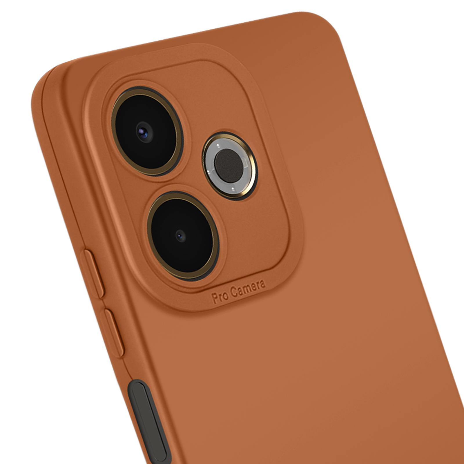 Close-up van een telefoonhoesje. Het heeft drie cameralenzen en een zijknop. De kleur is oranje.