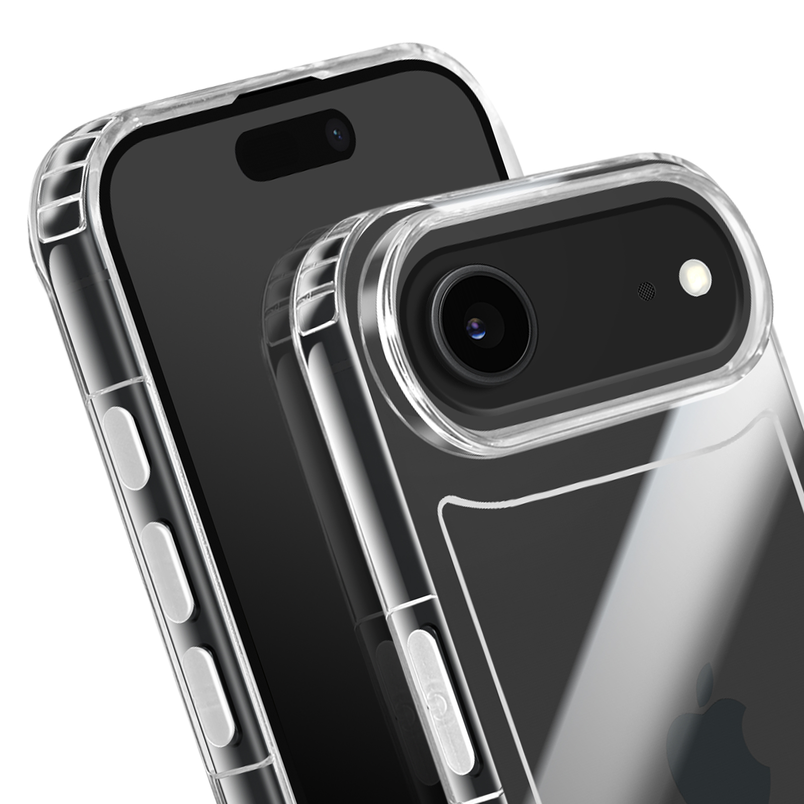 Due telefoni in custodie protettive trasparenti. Uno ha un rialzo della fotocamera, l'altro un notch. Entrambi sono neri.