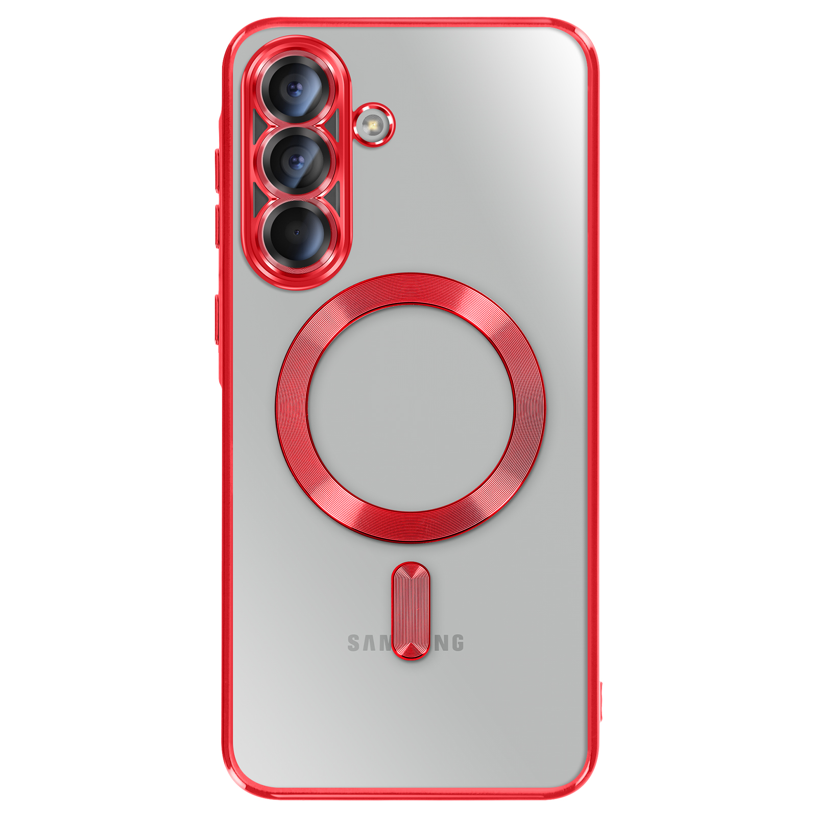Coque de téléphone transparente avec bord rouge. Avec trois lentilles, un anneau rouge et un rectangle rouge.