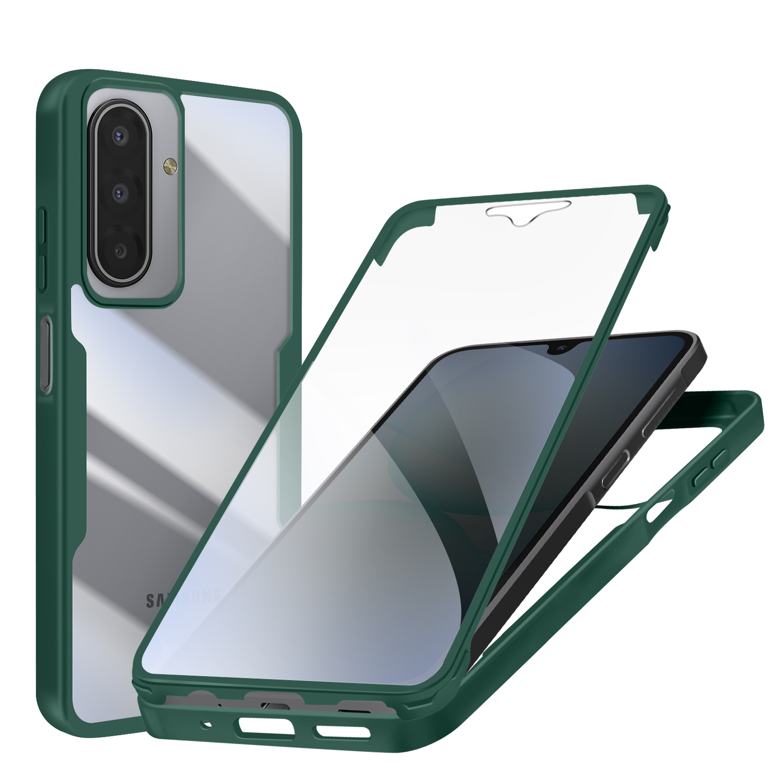 Een groene telefoonhoes met een doorzichtige achterkant en een telefoon erin. De hoes bestaat uit drie delen. Op een witte achtergrond.