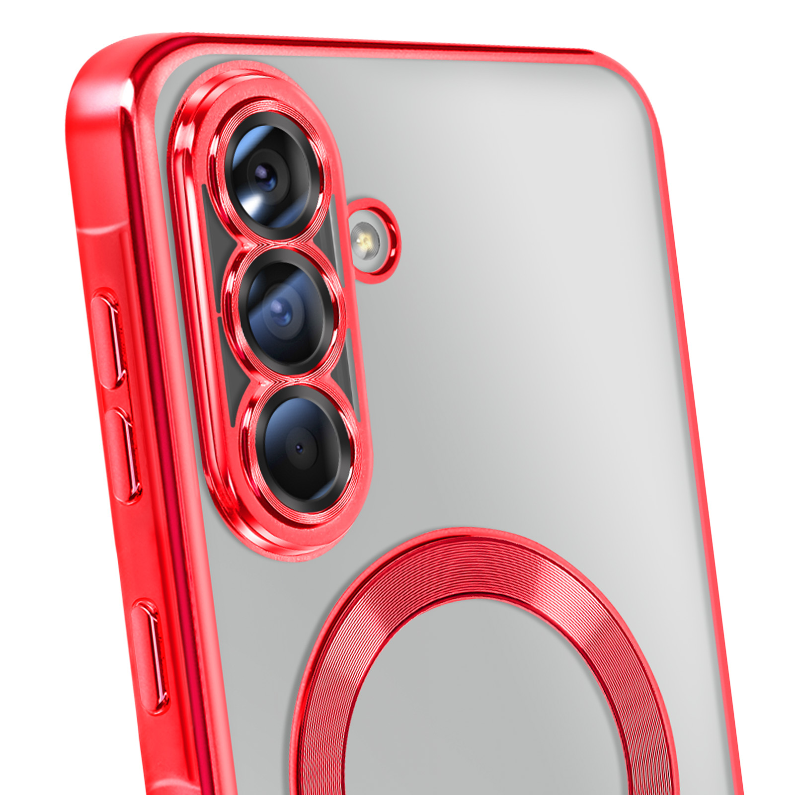 Une coque de téléphone rouge avec plusieurs objectifs. La coque a un dos transparent et un cadre rouge. Le fond est blanc.